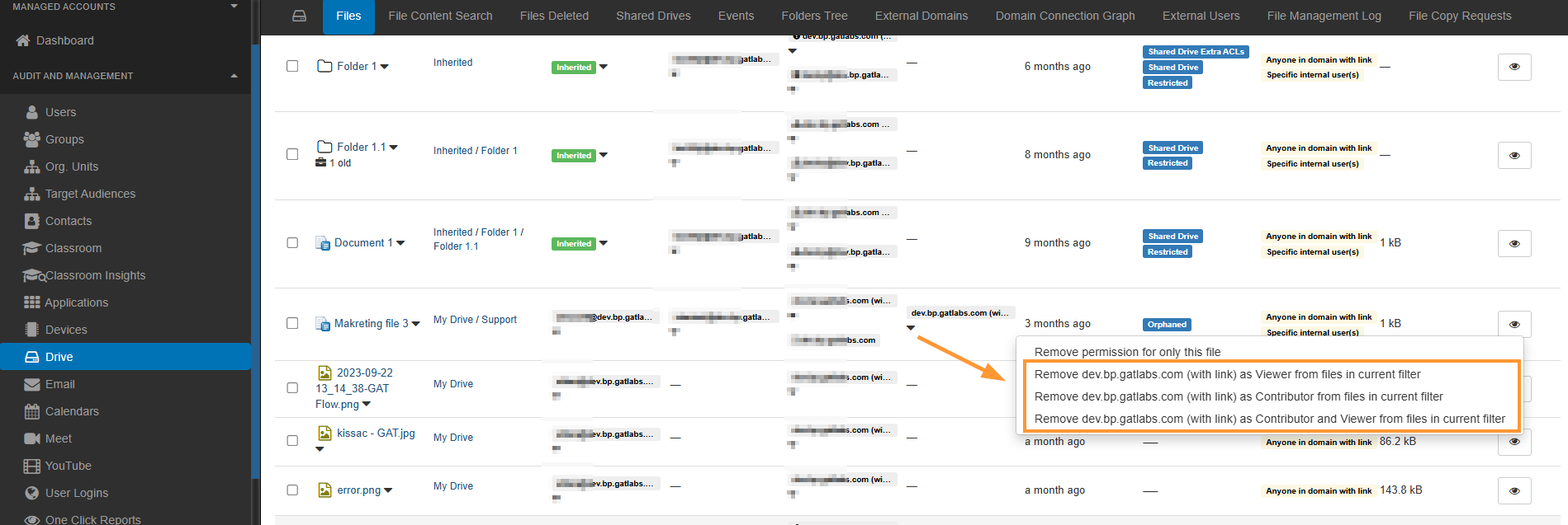 Remove shares in bulk

Click on "Remove *domain* (with link) as Contributor and Viewer from files in current filter"

This will remove the permission from all files where the result is found - everywhere where the sharing permissions exist as Contributor or Viewer.