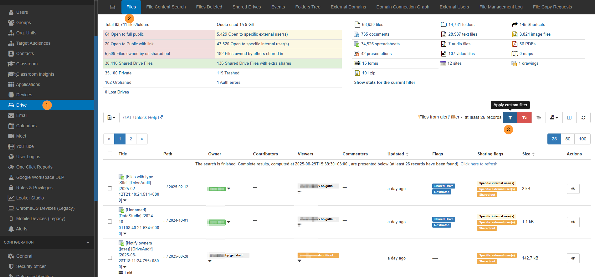 When the "show those files in the drive audit" button is clicked, it will lead you to the Drive section, where additional audit can be done.