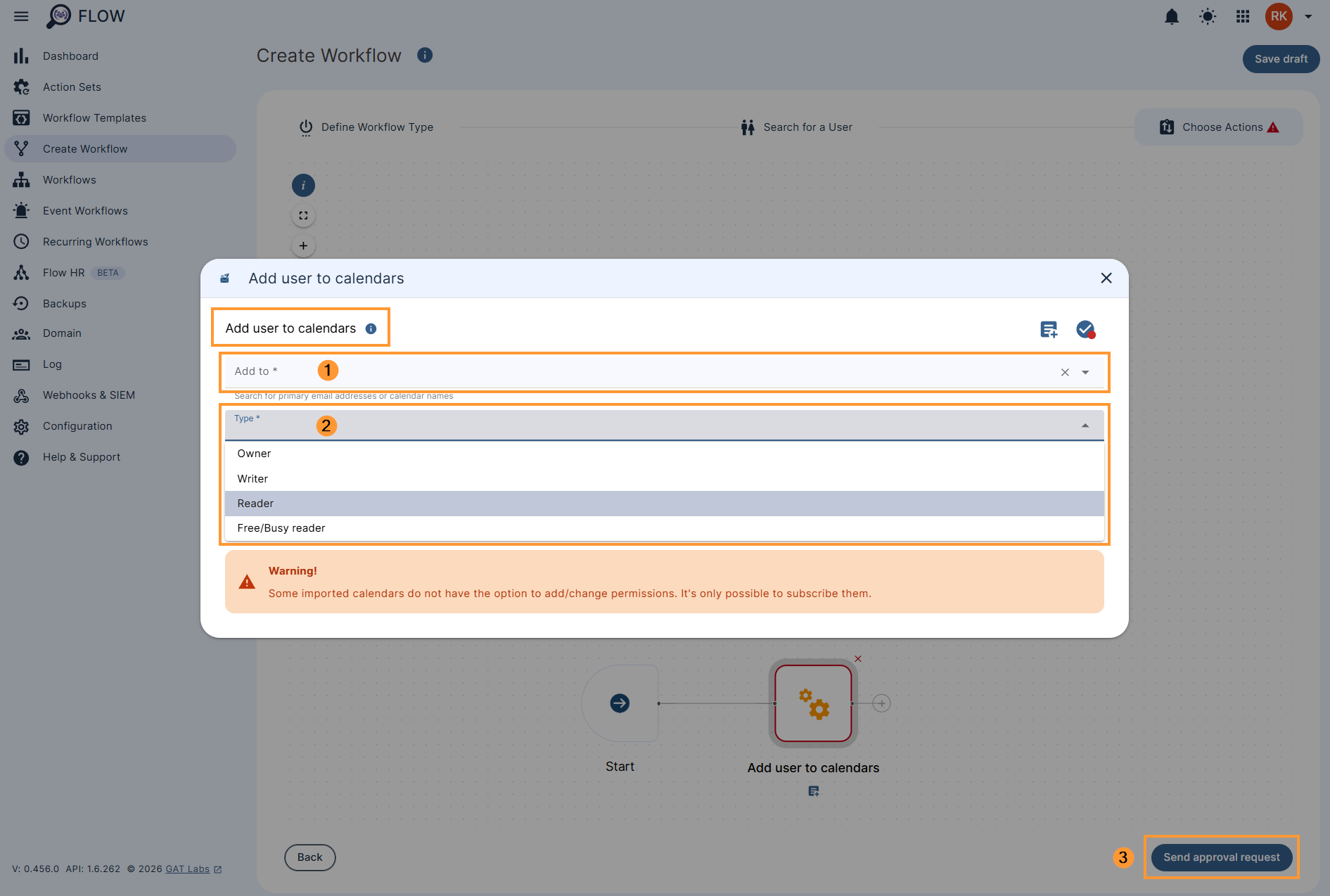 Configuring the action 'Add users to calendars' in a workflow