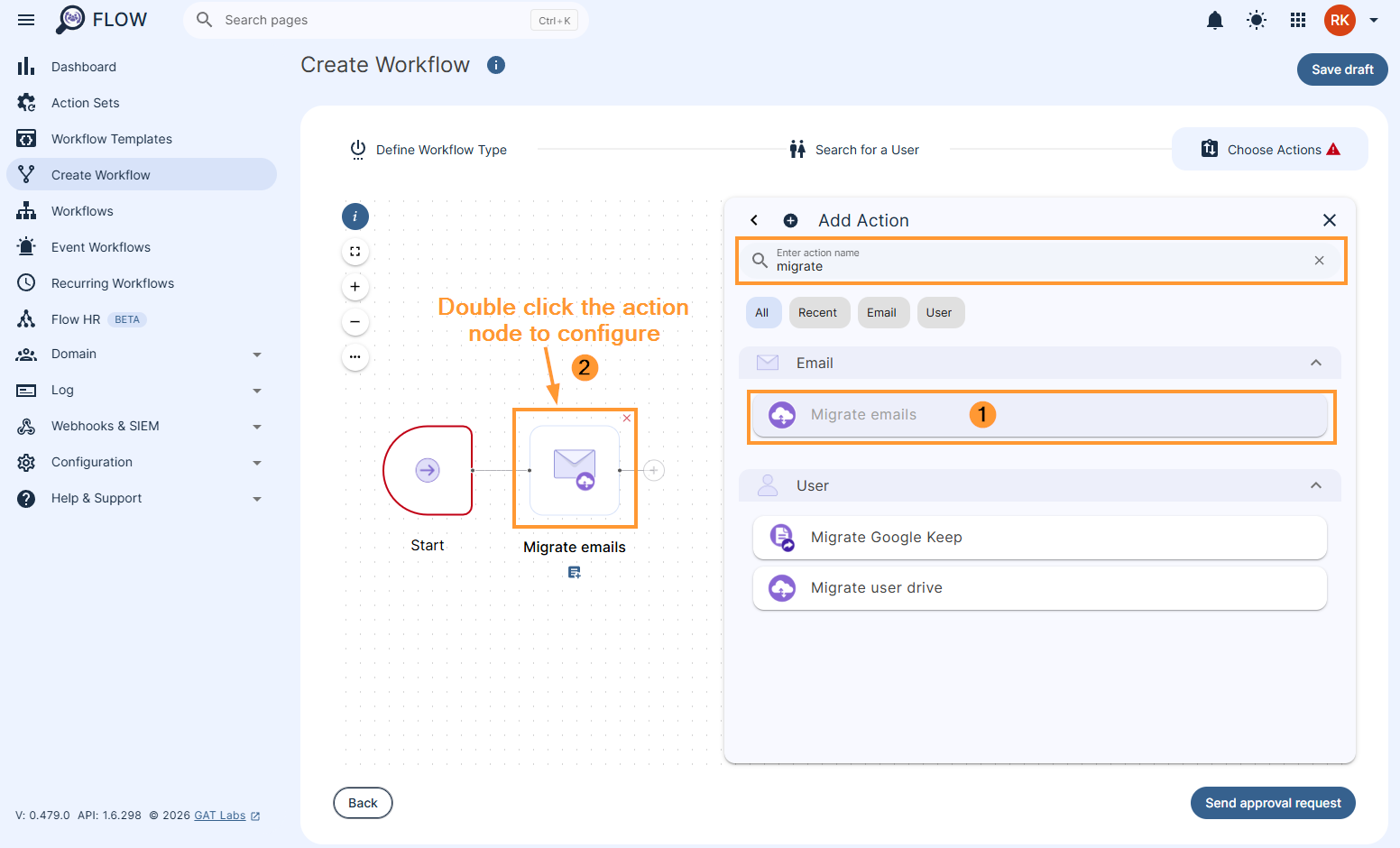 Adding the 'Migrate emails' action to a GAT Flow workflow