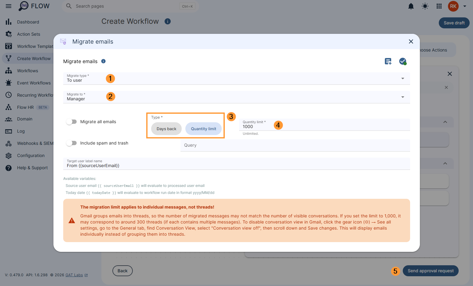 Editing the 'Migrate emails' configuration settings