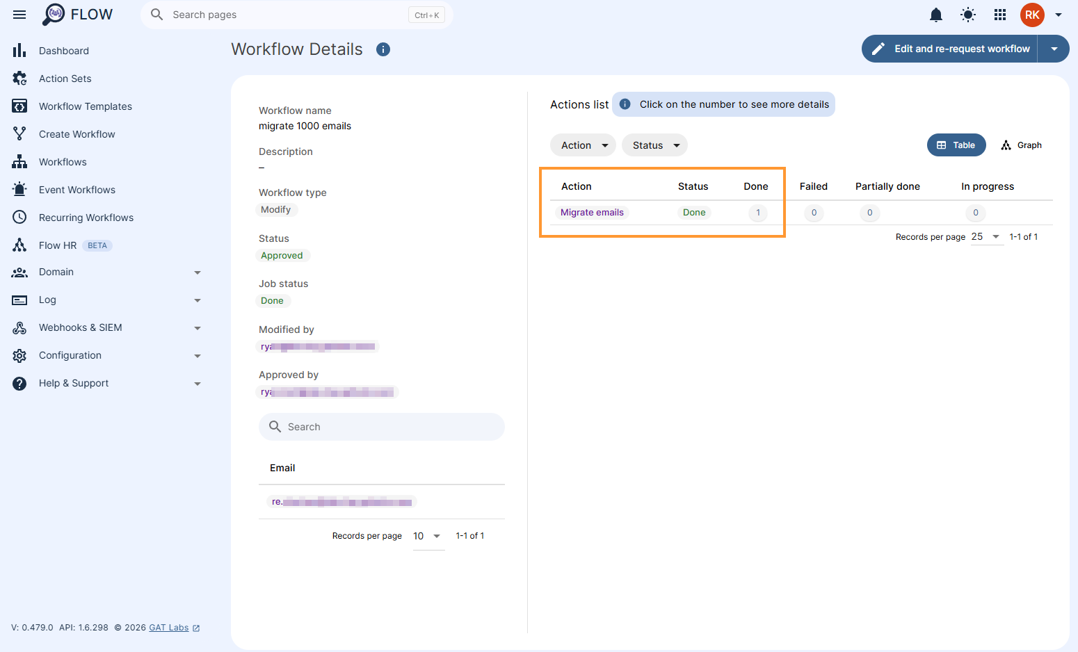 Workflow details for 'Migrate emails' action