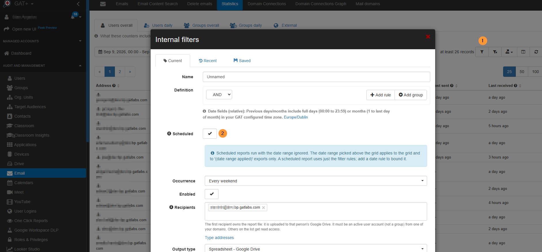 Scheduled report

Apply a filter and set it up as a scheduled report.

Select Scheduled - extra options will be displayed
Select Occurrence - pick a time when you want the report to run 
Select Enabled - enable the report 
Select any additional actions on the report
Apply & Schedule - click to schedule the report 