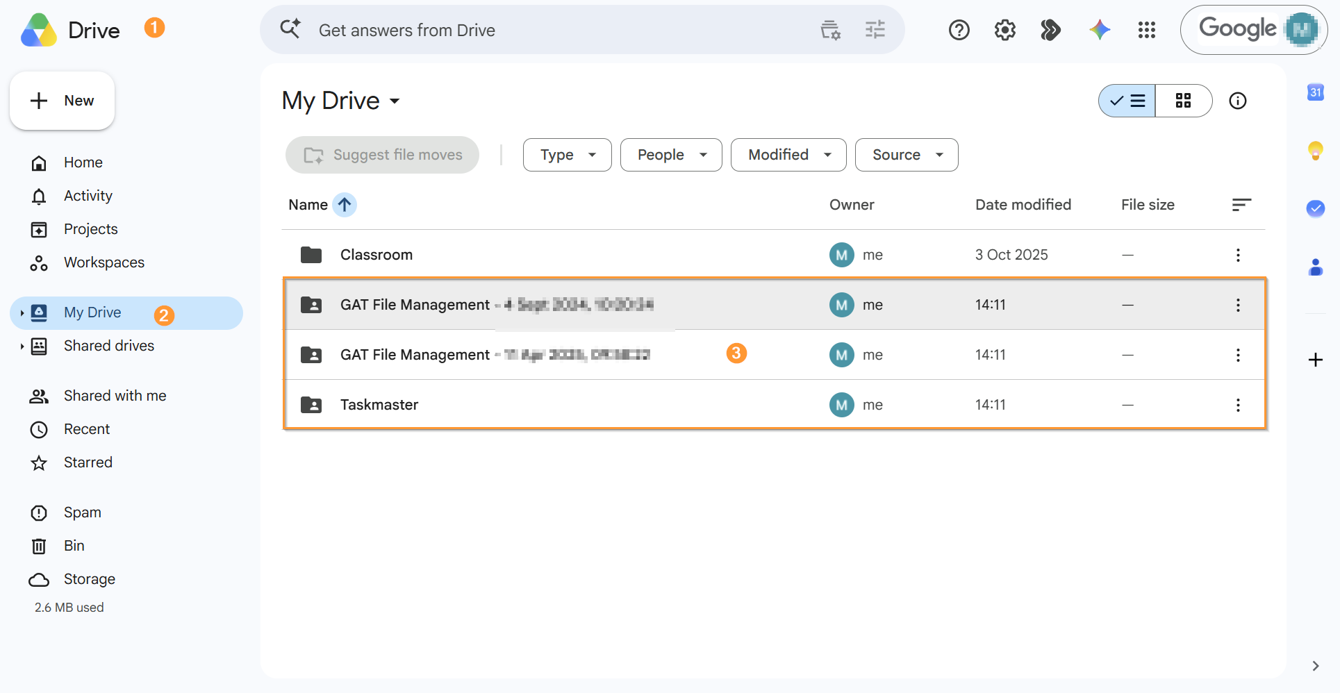 User's MyDrive showing the copied folders. 