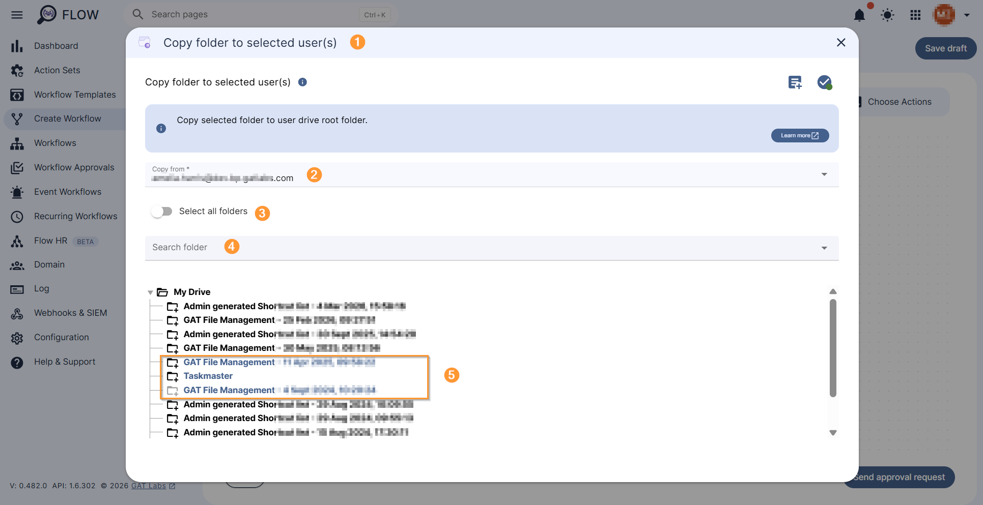 "Copy folder to selected users" action setup.