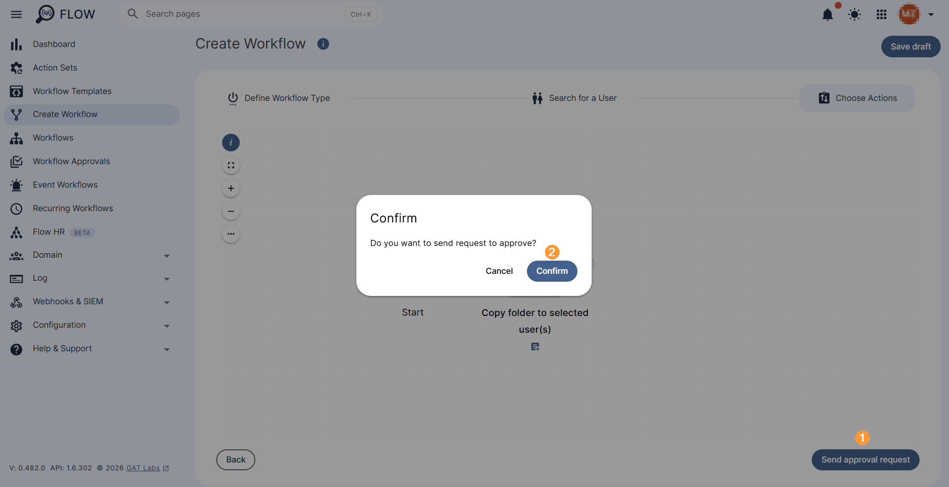 "Send Approval Request" and "Confirm" buttons are displayed