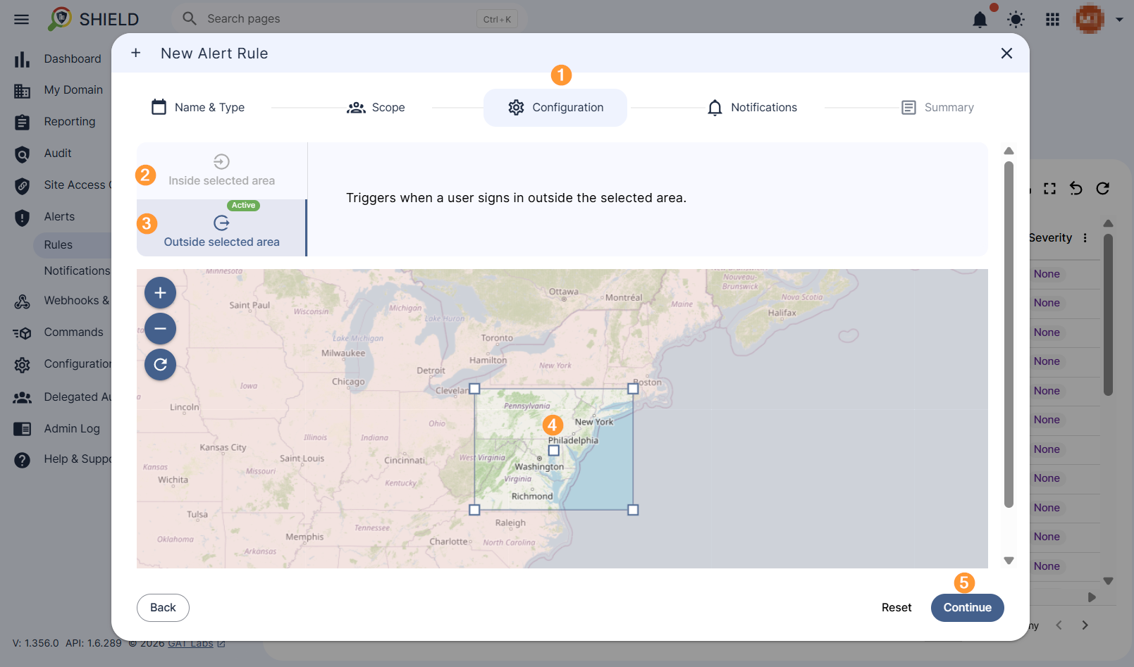 GAT Shield alert rule configuration window showing a location map for setting up alerts when Chromebook devices are used outside or inside a defined geographic area.