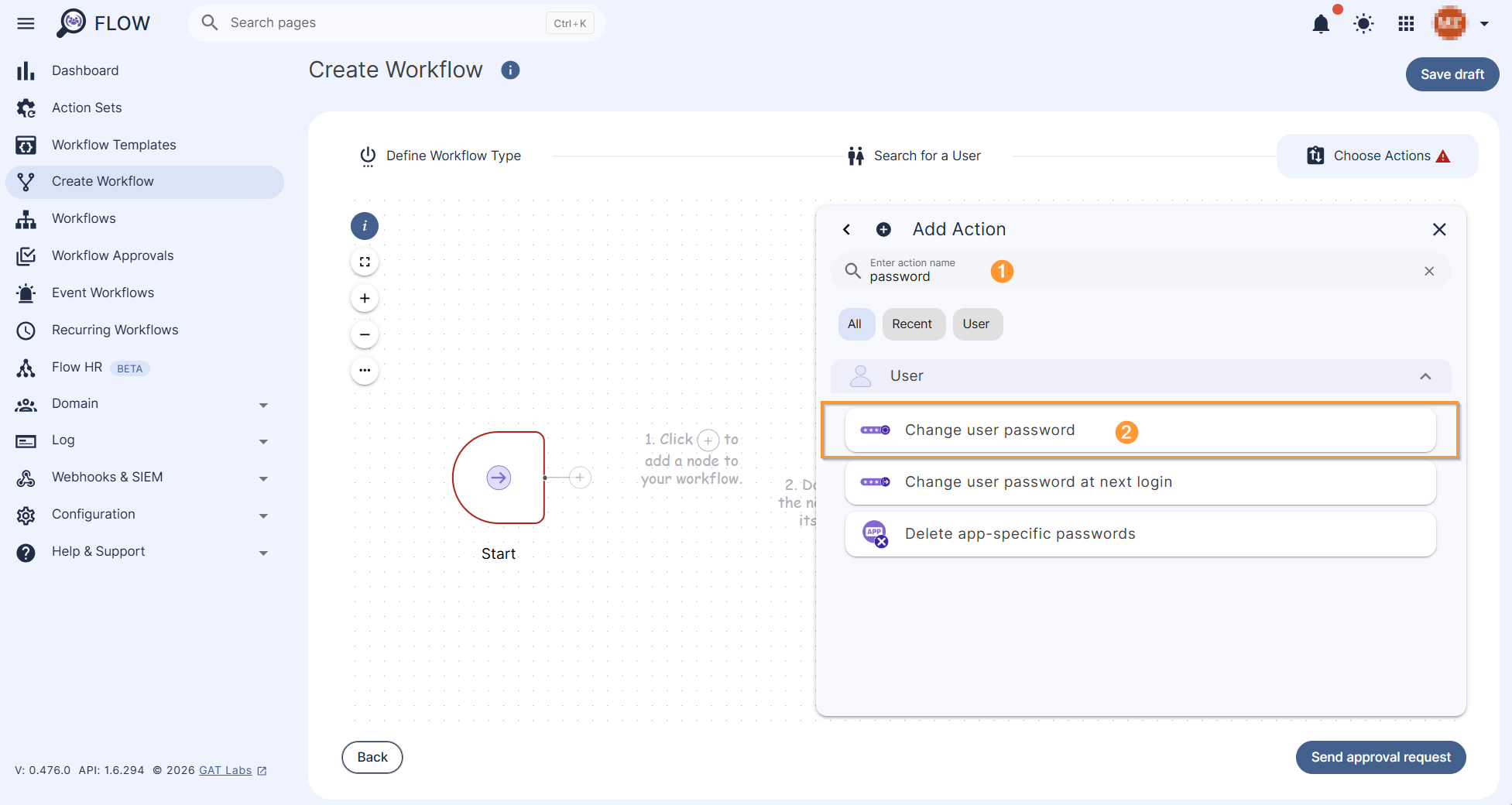 Change user password action is selected