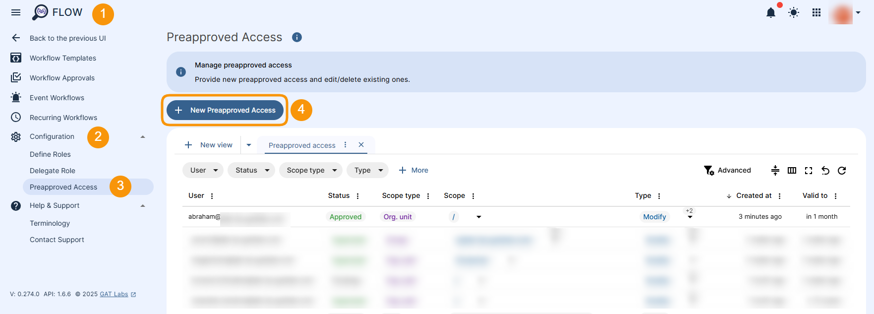 GAT Flow dashboard showing how to set up pre-approval access.