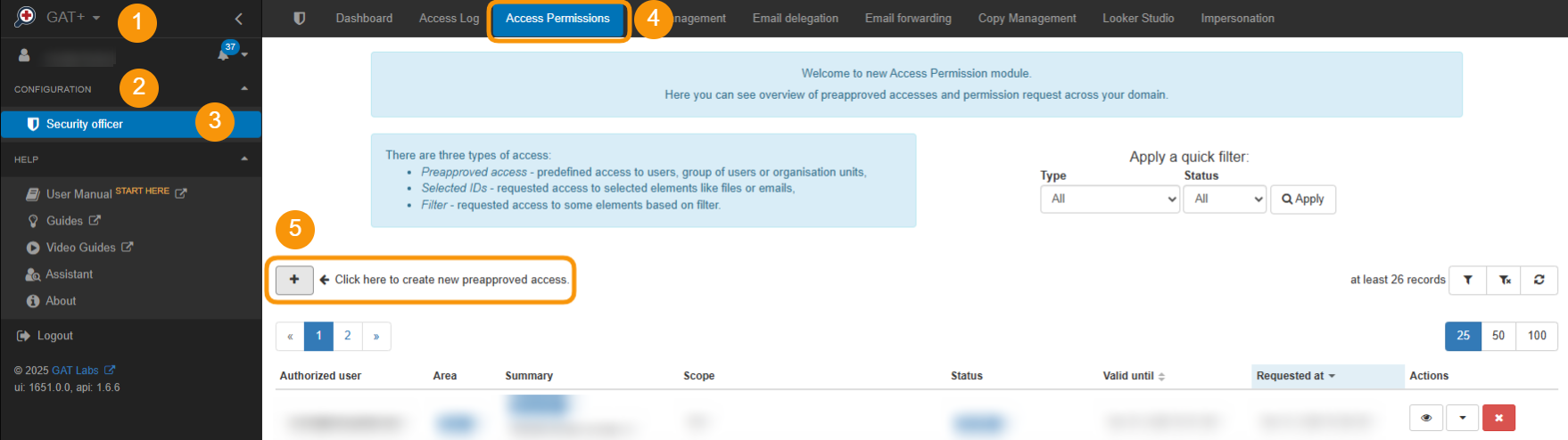 GAT+ dashboard showing how to create Pre-approval permissions.