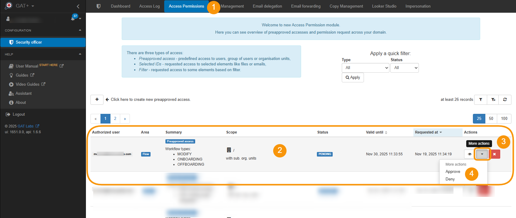 GAT+ dashboard showing how to Approve or Deny pending pre-approval configuration.
