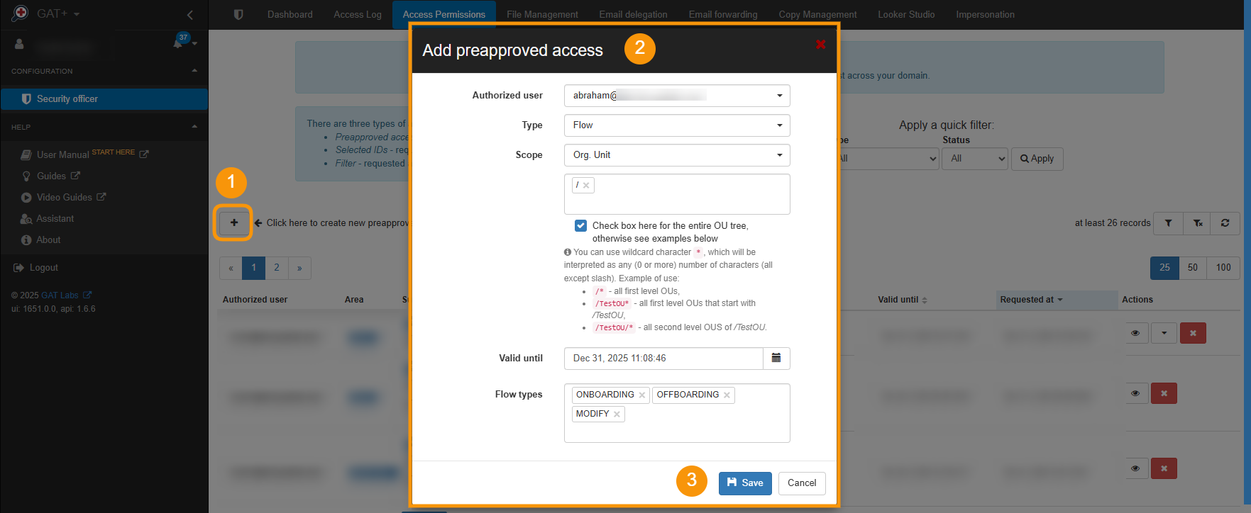 "Add preapproved access" configuration window is displayed. Pre-approved access can be configured for a particular users, "Scope" can be applied and the "Valid until" date set up.