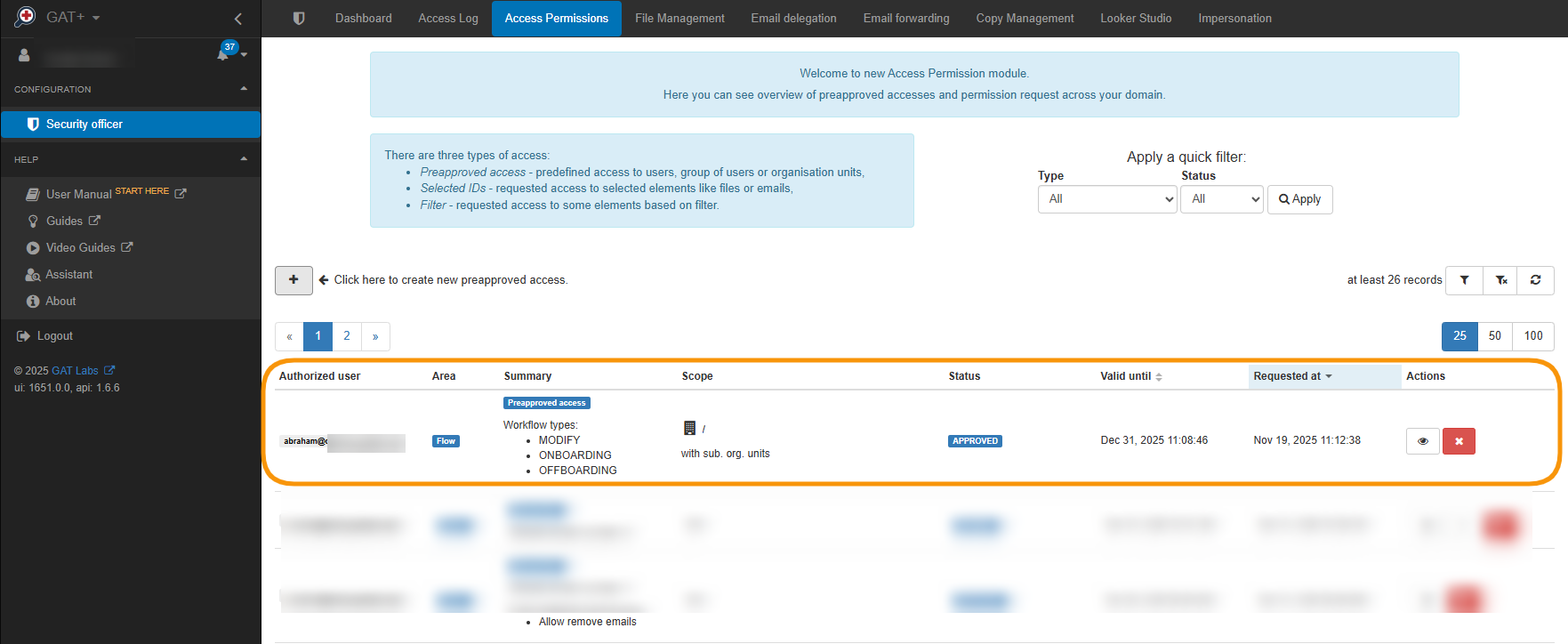 Pre-approval records shown in a table.