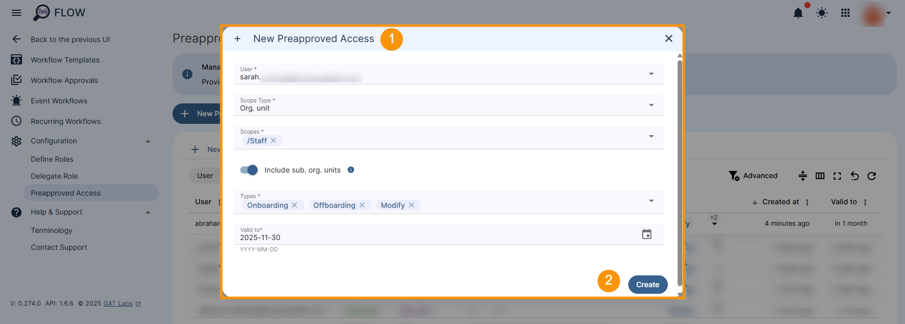 "New Preapproved Access" configuration window is displayed. Pre-approval access can be assigned to a given user, "Scope" and the workflow "Type" (Onboarding, Modify, Offboarding) can be selected, and "Valid To" date selected.