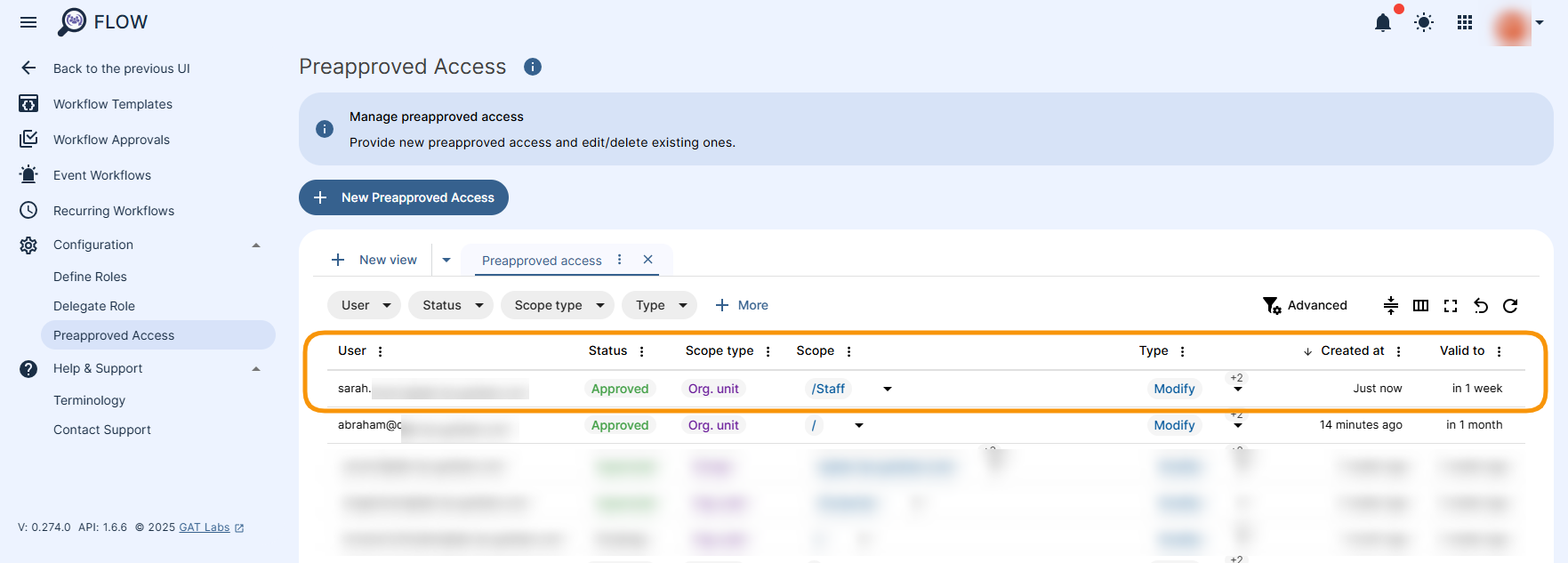 Preapproved Accesses displayed in a table.