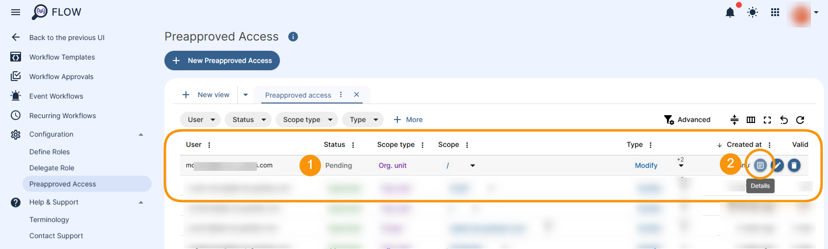 The pending preapproved configuration can be reviewed by Security Officer. "Details" icon is shown that allows to review the record and Approve or Deny them.