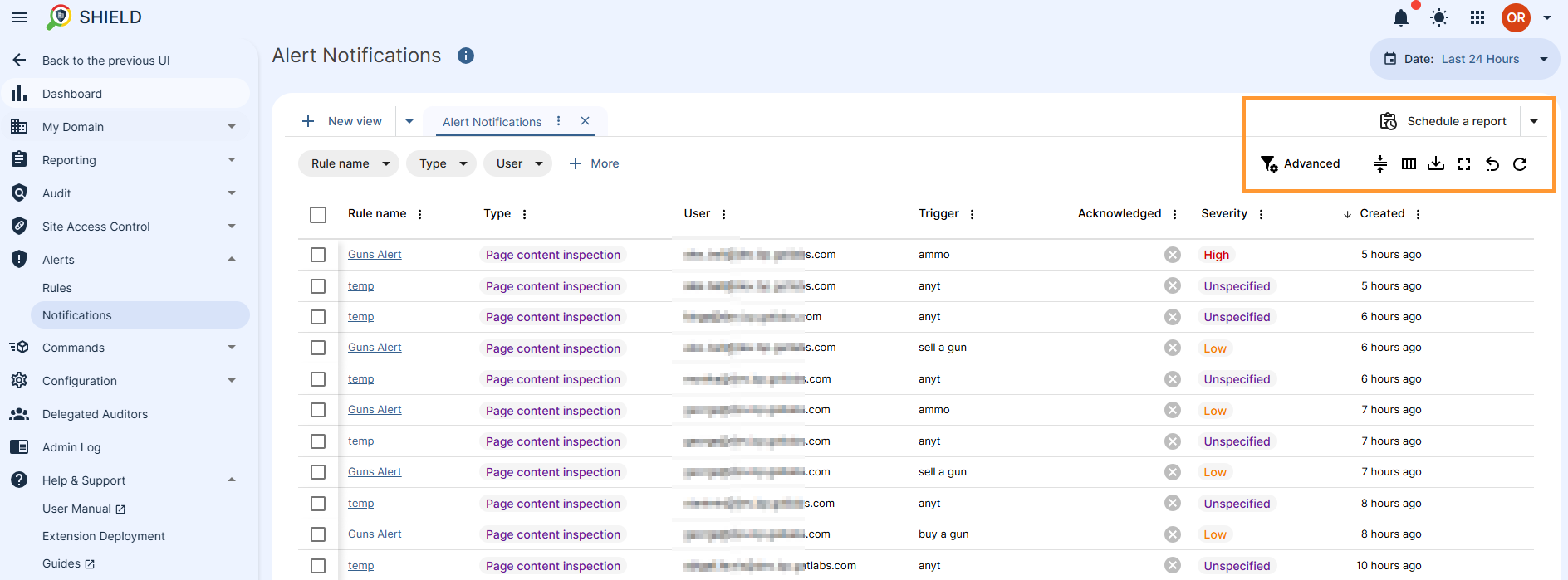 in the Shield panel of modules. Alerts module is selected and the notifications submodule is selected. Here alert rule violations in the past 24hrs are shown by default. Filtering options can be found in the top left hand side of the console.