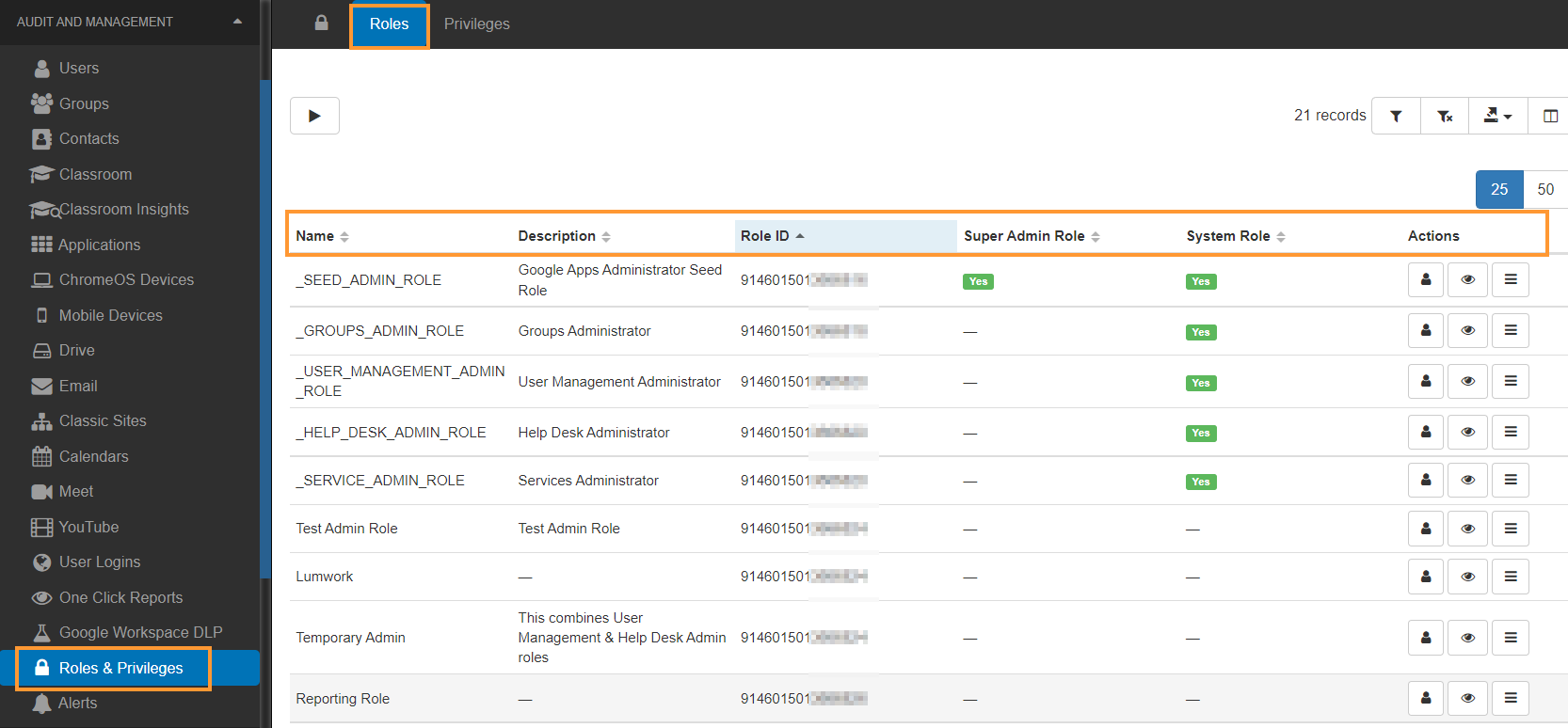 User roles and privileges within google workspace admin console gat