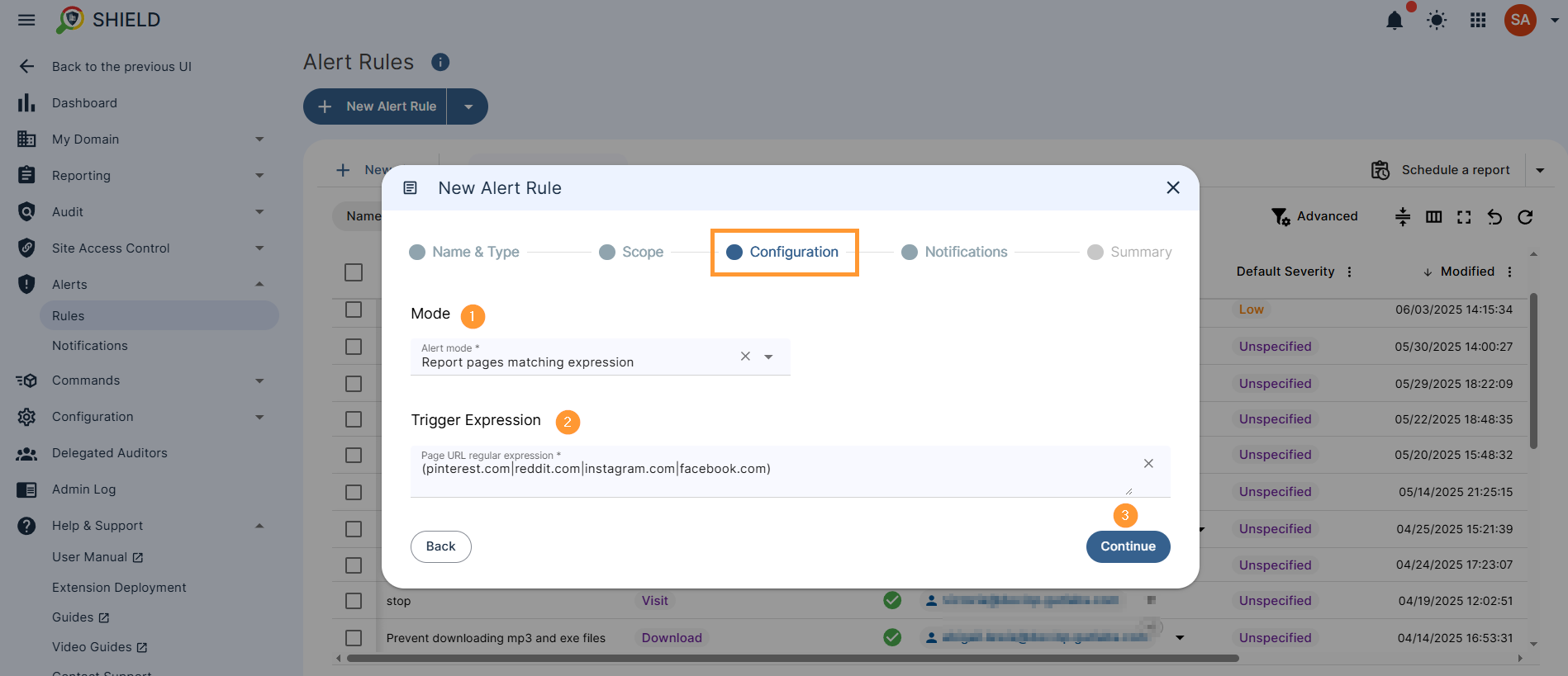 in the congiguration select the mode - report pages matching expressions, enter trigger phrase by selecting the field and entering the phrase enable the checkmark for regex mode to be on and click on the continue button