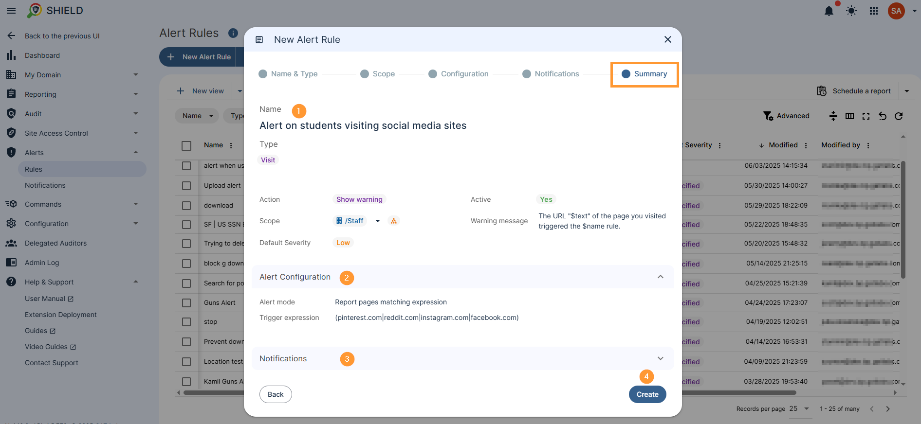 view the full summary for the alert rule such as name, action warning message scope of affected users alert configurration and click on Create button to create the alert