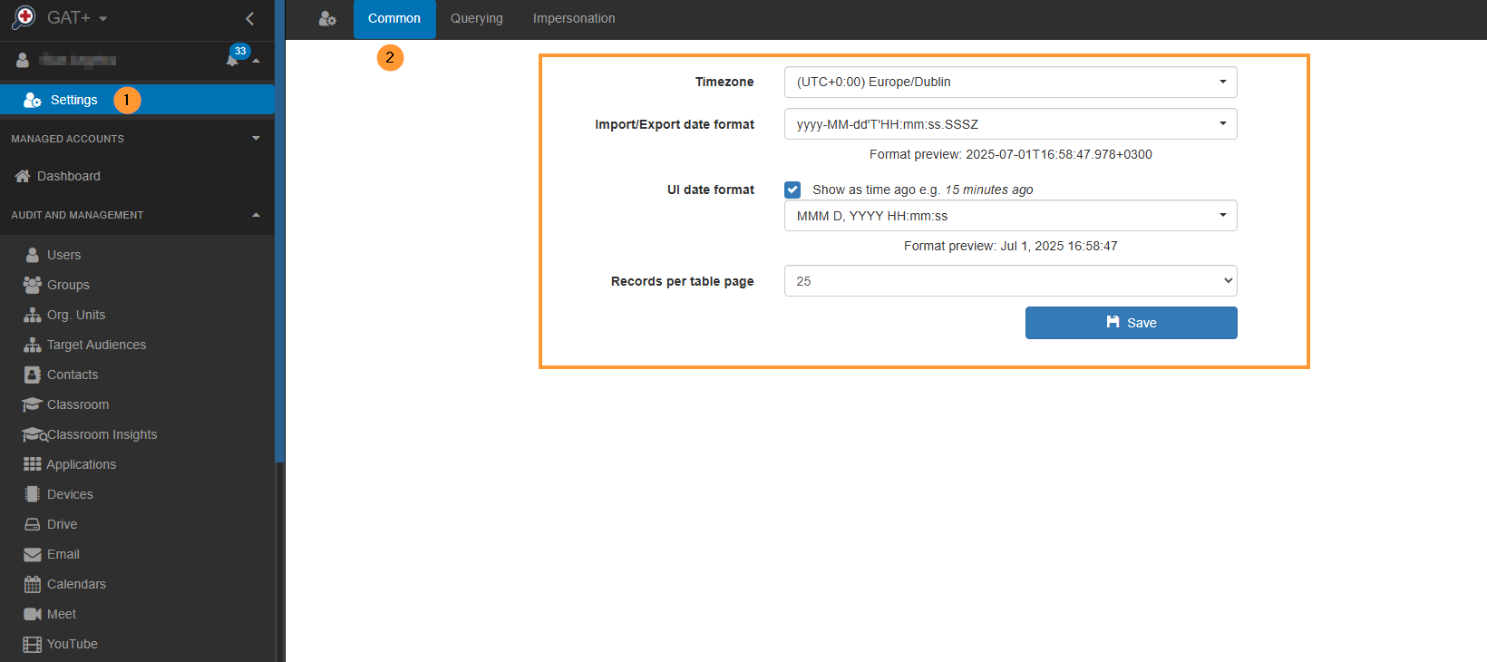 view and set up the Date settings on GAT+