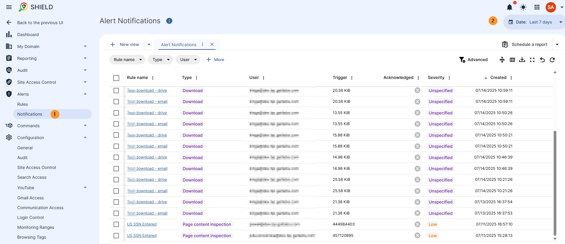 in the alerts notification - view a list of all the notifications based on time frame selected the default is 24 hours but in top right corner of the screen can be changed to another time and the table will show all the details for the notificaiton such as rule name type of alert, with user as of who broke the set rule and so on