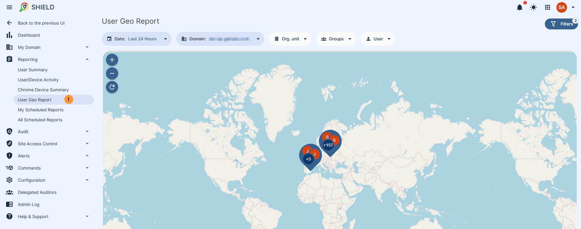 user Geo report - shows the location of all domain users (who have the Shield extensions) using different methods to gather the location and shows it on the map