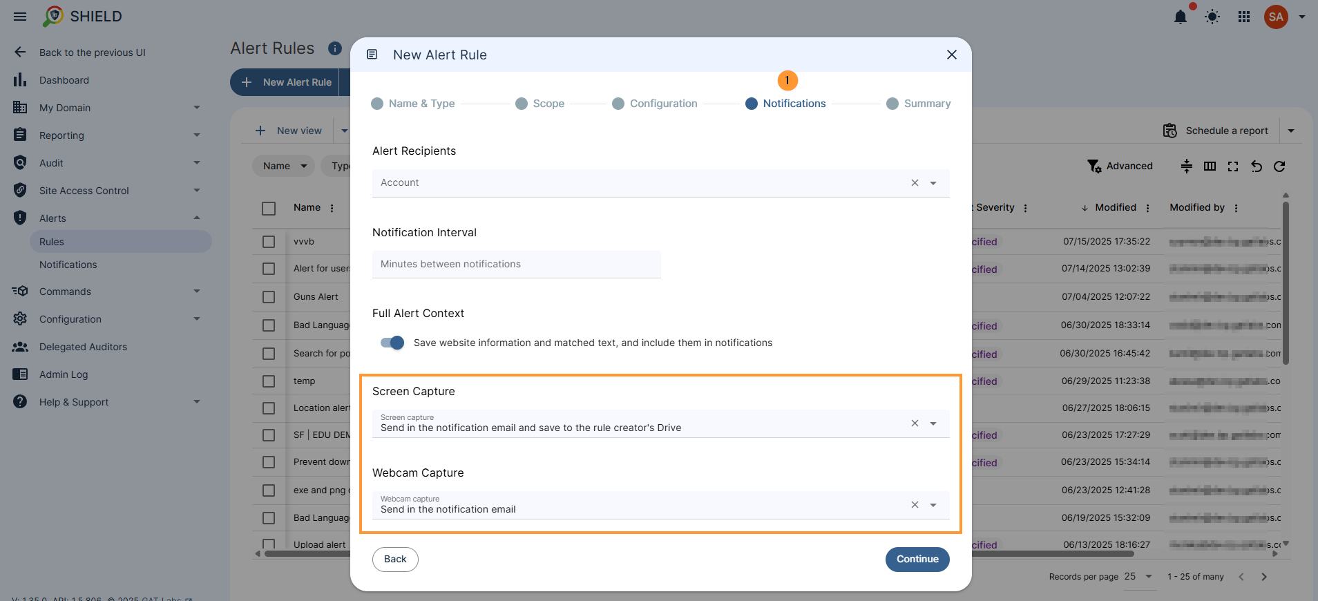 In the notifications section for every alert rule the admin can take Screen capture as well as Webcam capture - they will be displayed at bottom of the notifications options - each will have a drop down menu option where the options can be selected