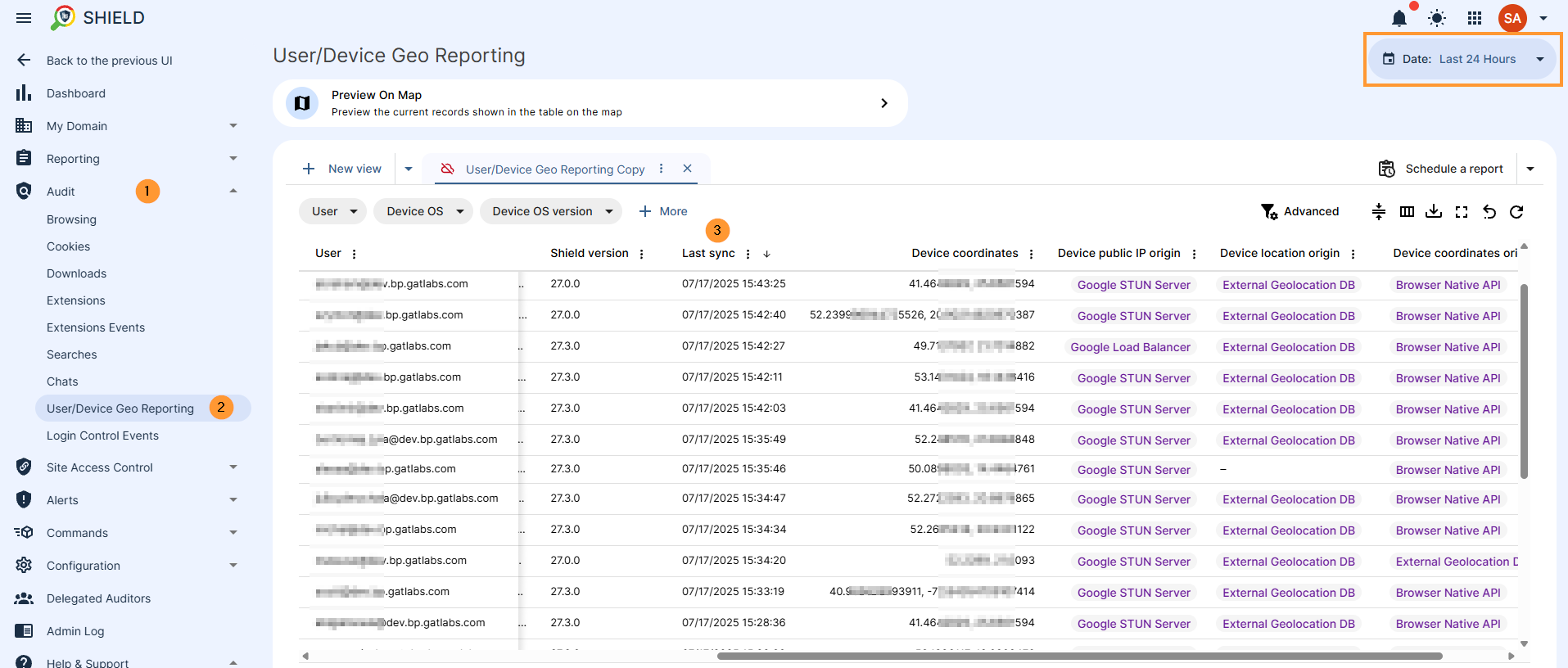 on the left menu select audit then user/device geo reporting - this will show view for all users and details for the users locations as well as last sync date for each of the users - on tope left side you will view preview on map button this will open map that will show location on the users reported by the Shield extension 