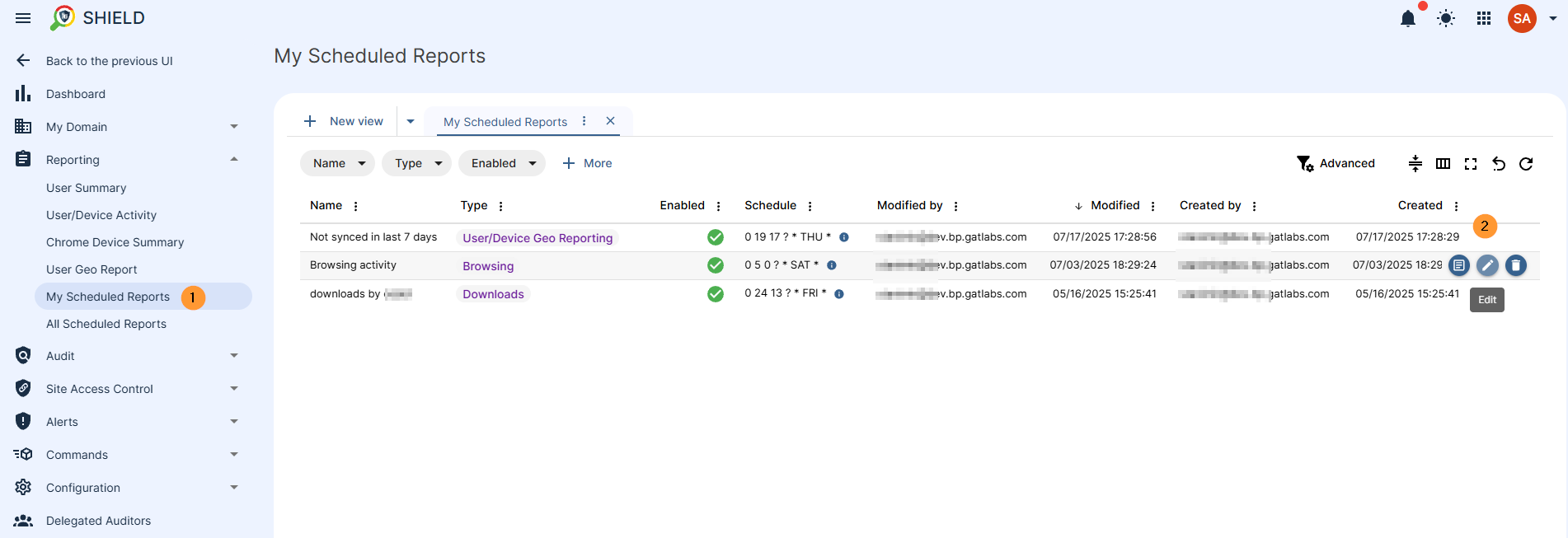 in my scheduled report view all the reports that have are set up by the admin, you can view all the details and when hoover over it you can view on the right side button to delete update or view the details of the report 