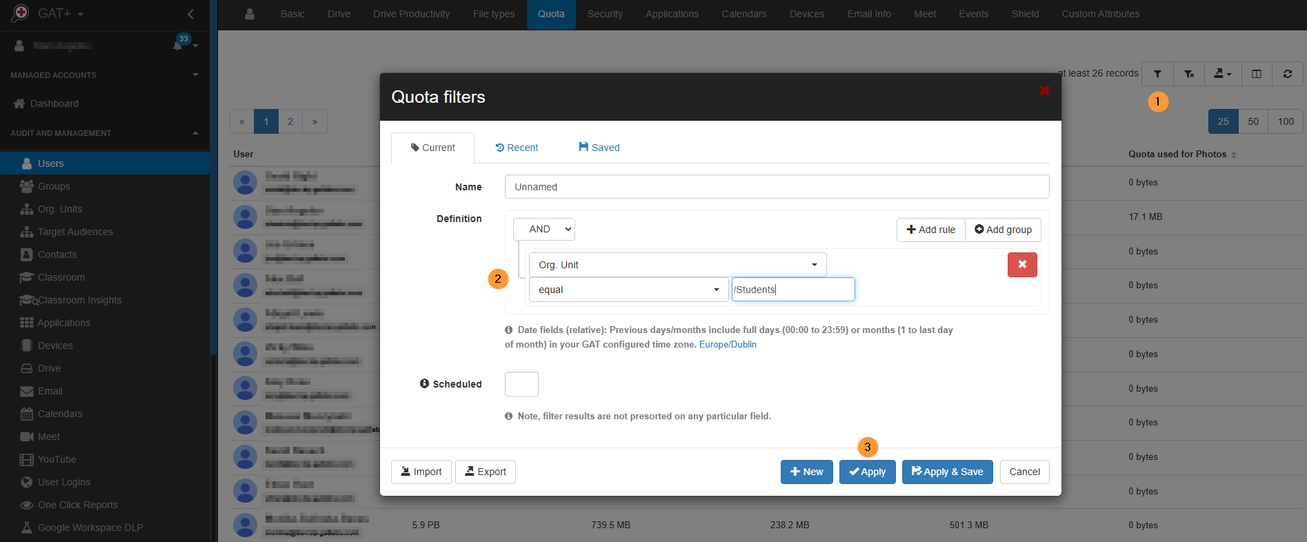 A guide explaining how to view and calculate the total storage quota used by an Organizational Unit (Org. Unit) or a Google Group within the GAT+ platform. The process involves applying a user filter based on the desired Org. Unit or Group, which populates a list of all included users. The resulting user data is then exported (to Google Sheets or CSV) and combined to calculate the aggregate storage quota consumption for that entire organizational segment or group.