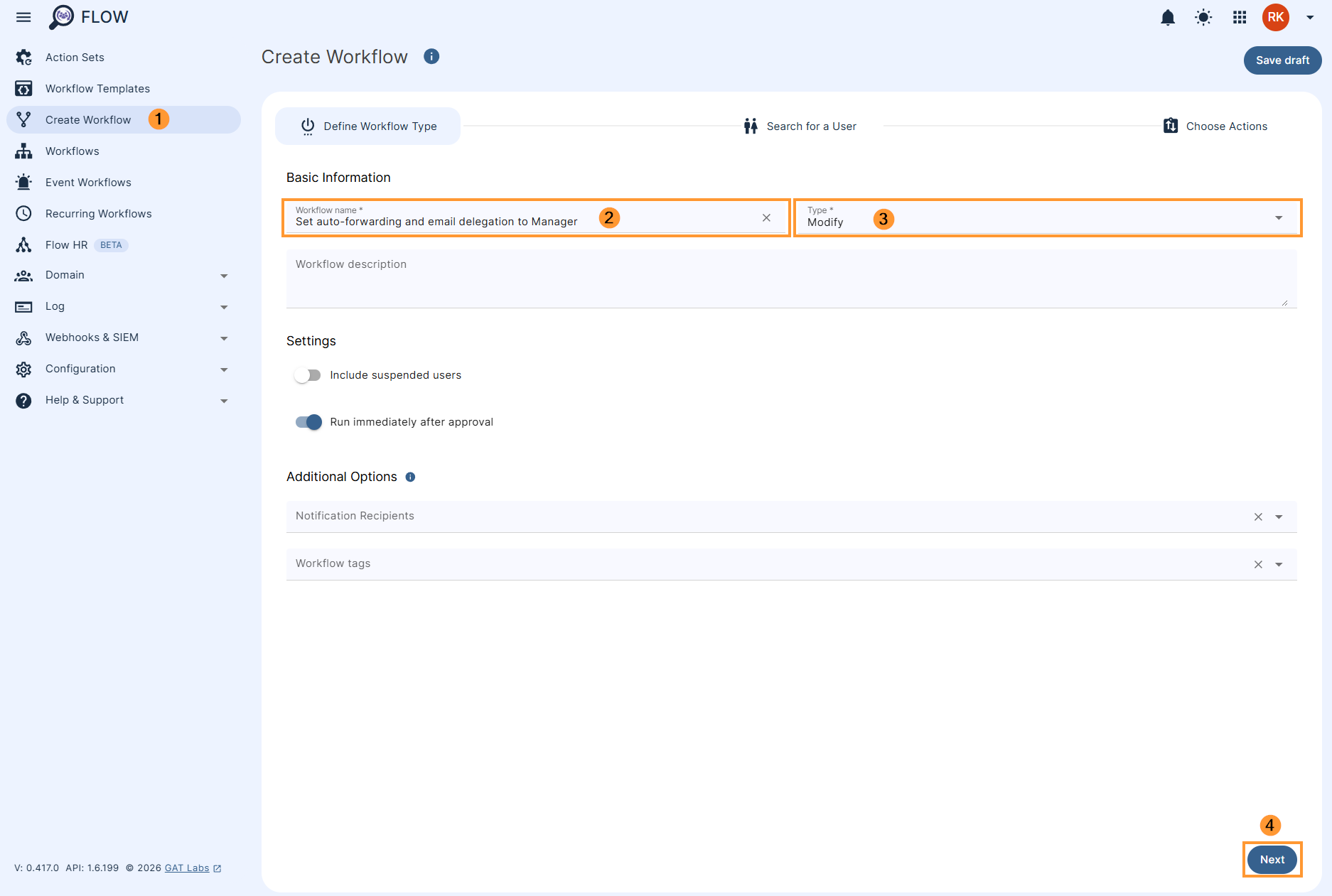 Creating a 'Set auto-forwarding and email delegation to Manager' GAT Flow workflow