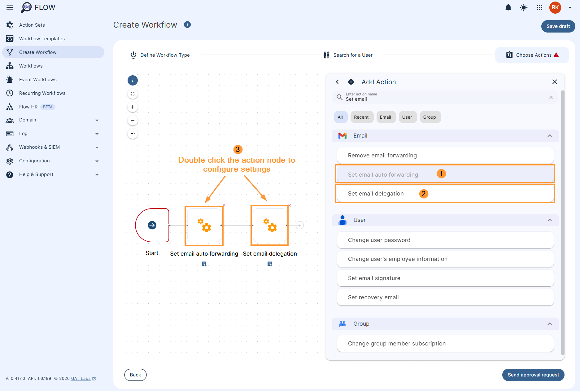 Adding 'Set auto-forwarding' and 'Set email delegation' actions in GAT Flow workflow