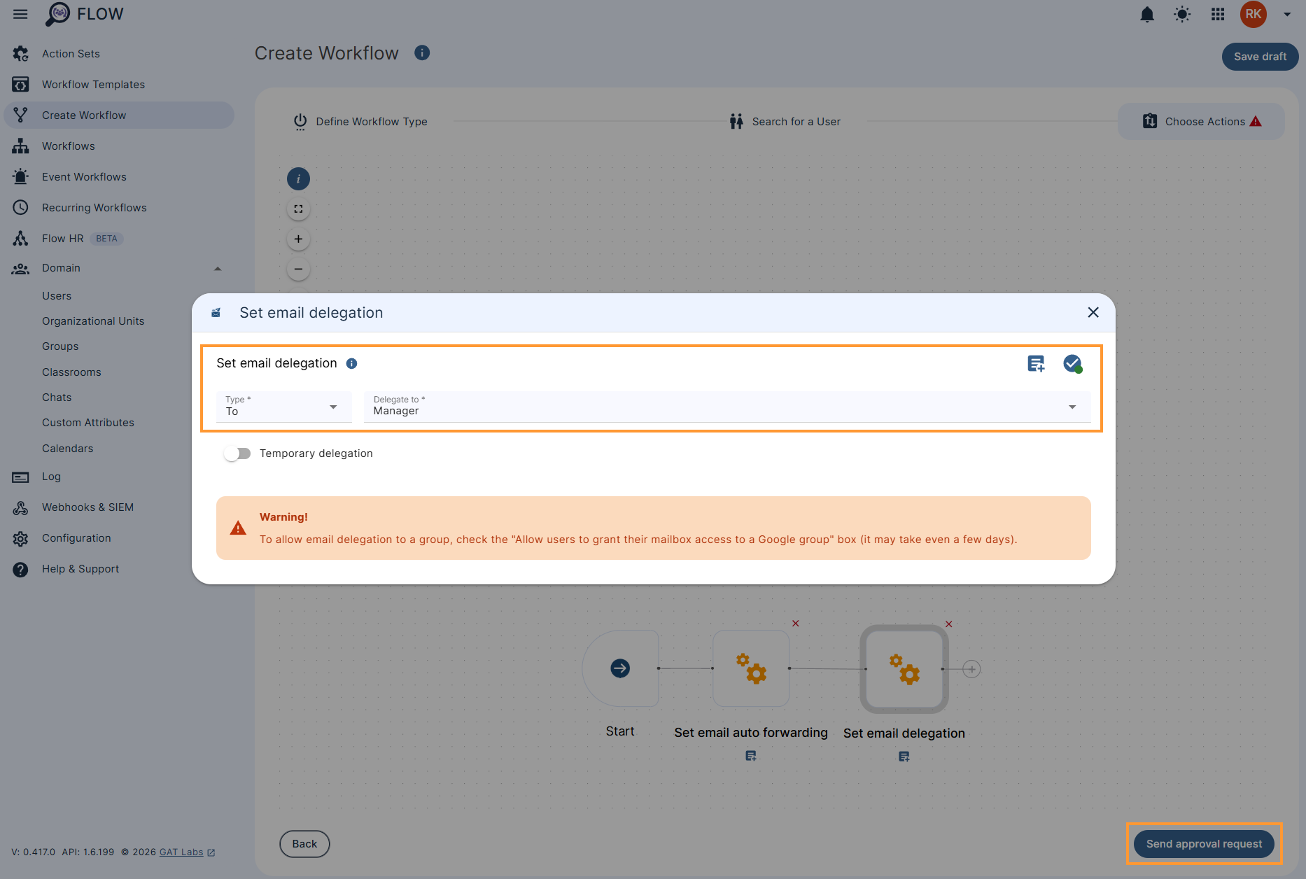 Configuring Set email delegation action