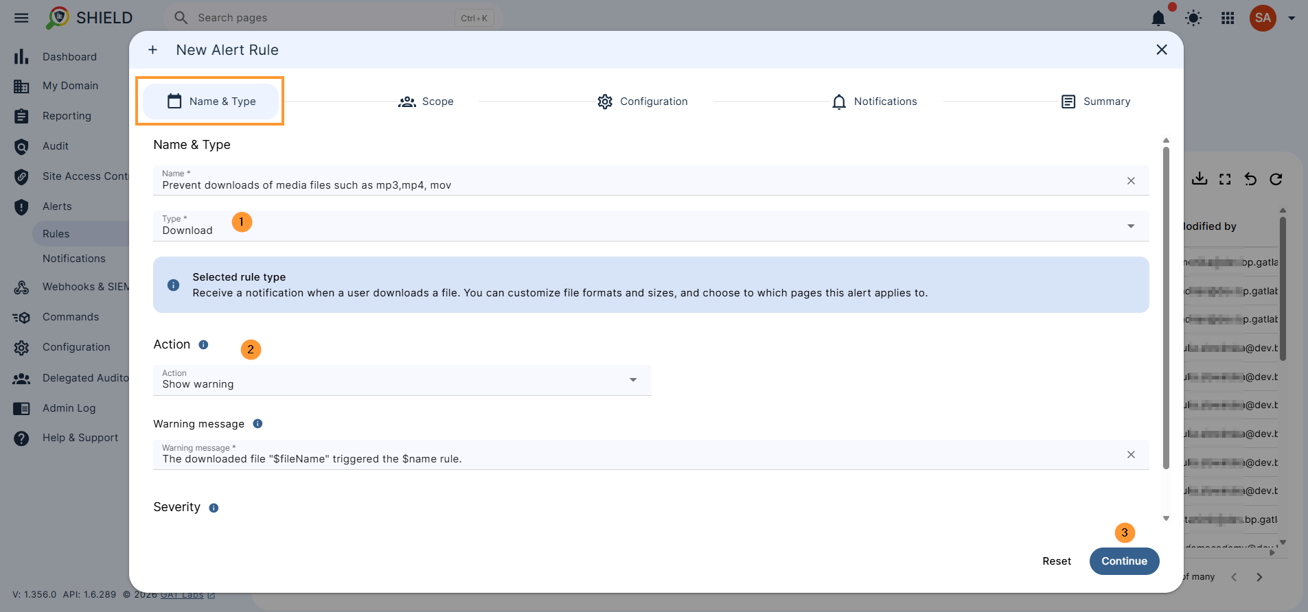 Creating a new GAT Shield alert rule with the name 'exe and png download', setting the rule type to 'Download', the action to 'Show warning', and default severity to 'Low'.