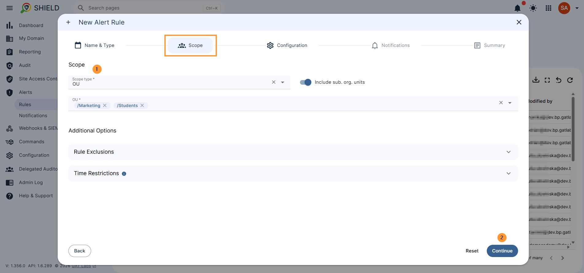Scope - a window where to enter the affected users by the rule, you can select user, group or org unuit of users, rule exclusions, select users to be excluded from the alert and time restriction option where you can select times where the rule will be active