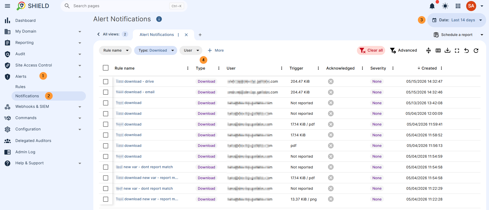 All the results will be displayed in GAT Shield > Alerts > Notifications
Time frame, select the time frame (top right) for wich you want to see the notification for.