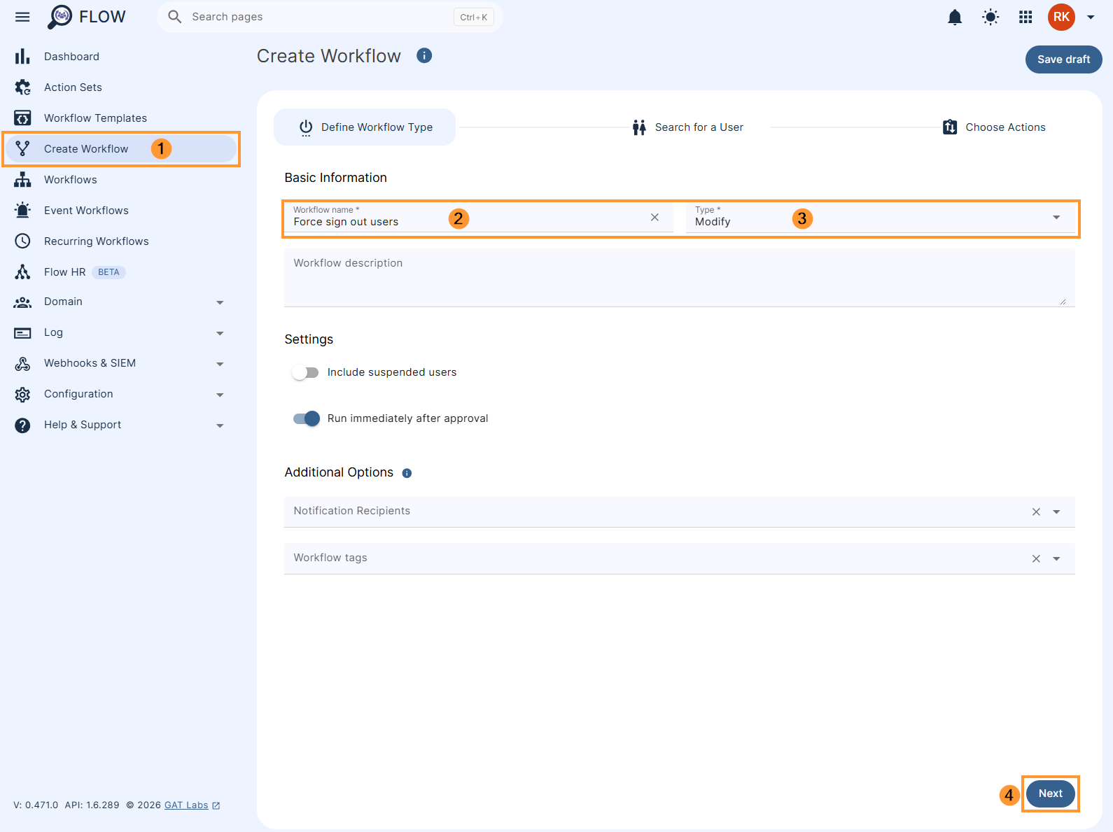 Creating a workflow to 'Force sign out users' in GAT Flow