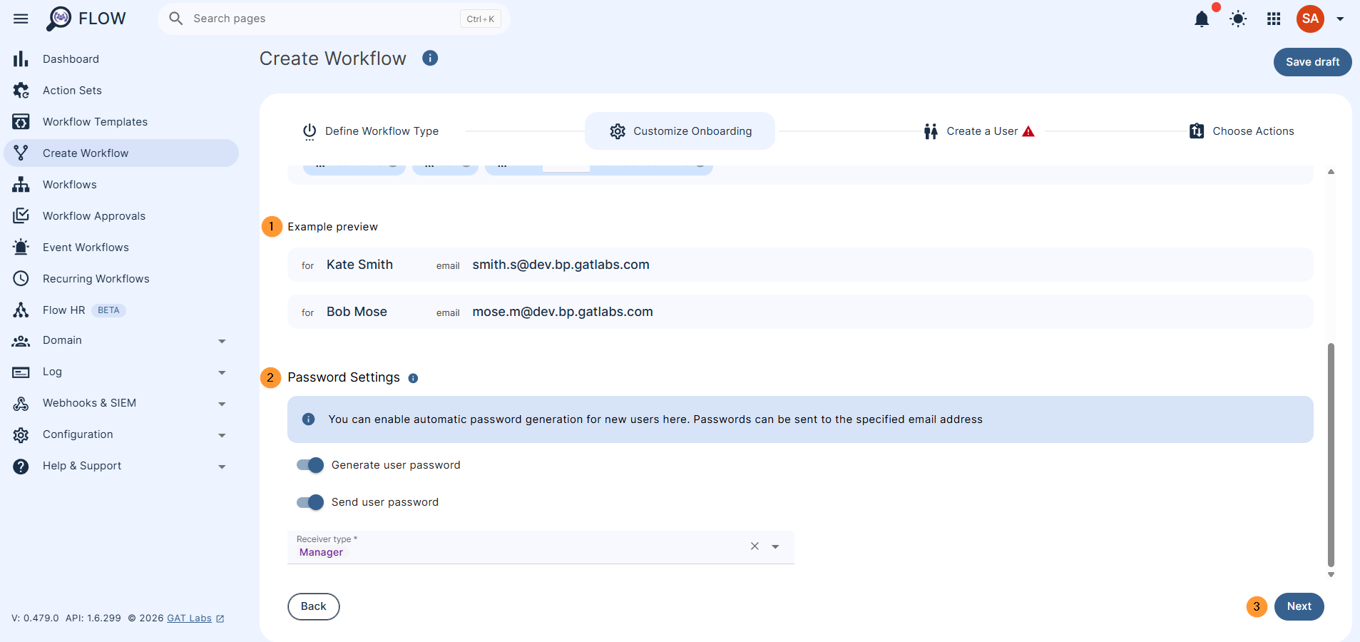 Example preview - When customizing the email elements, the preview will automatically show how it will look Password settings - You can enable automatic password generation for new users here. Passwords can be sent to the specified email address