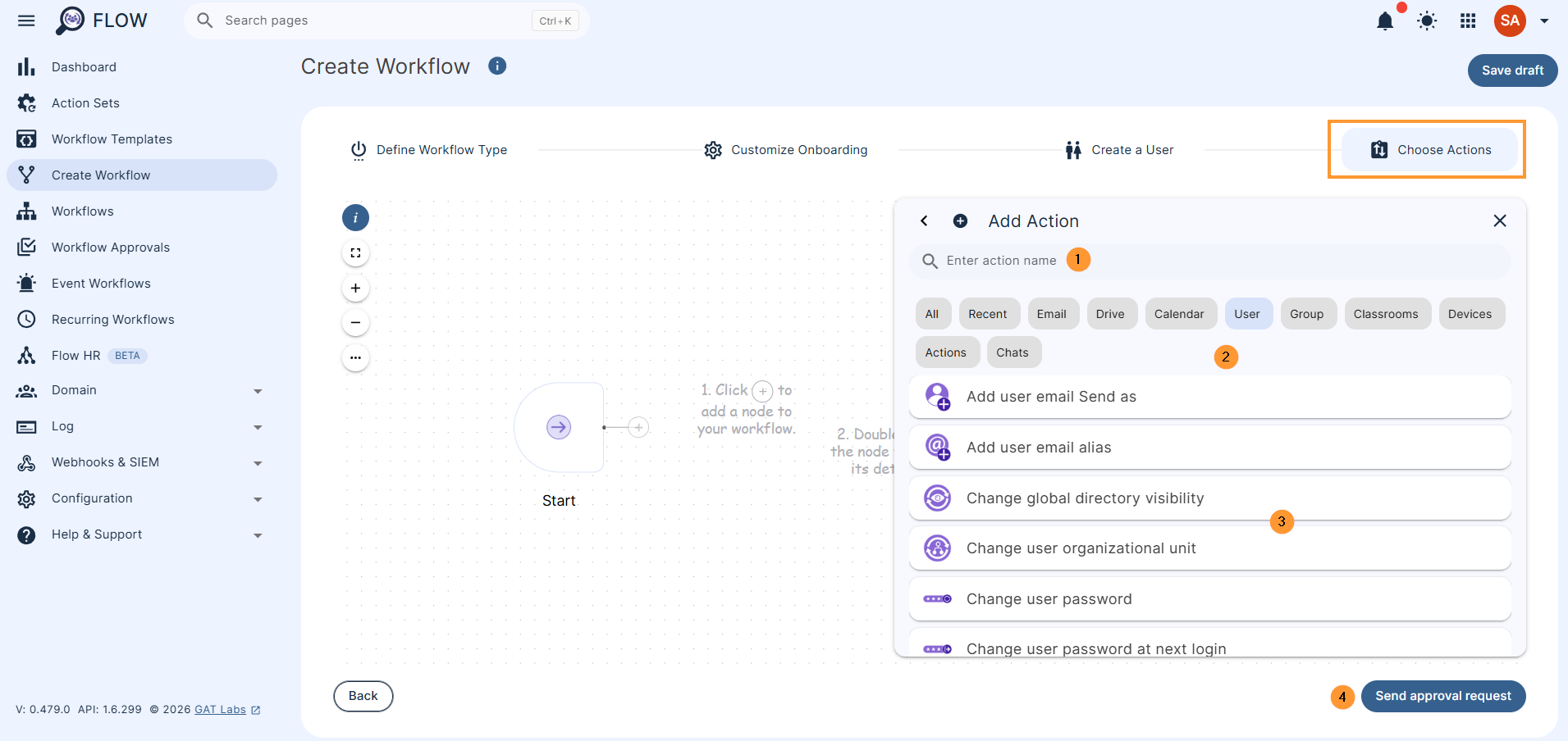 search for action by enter action name or picking of the list