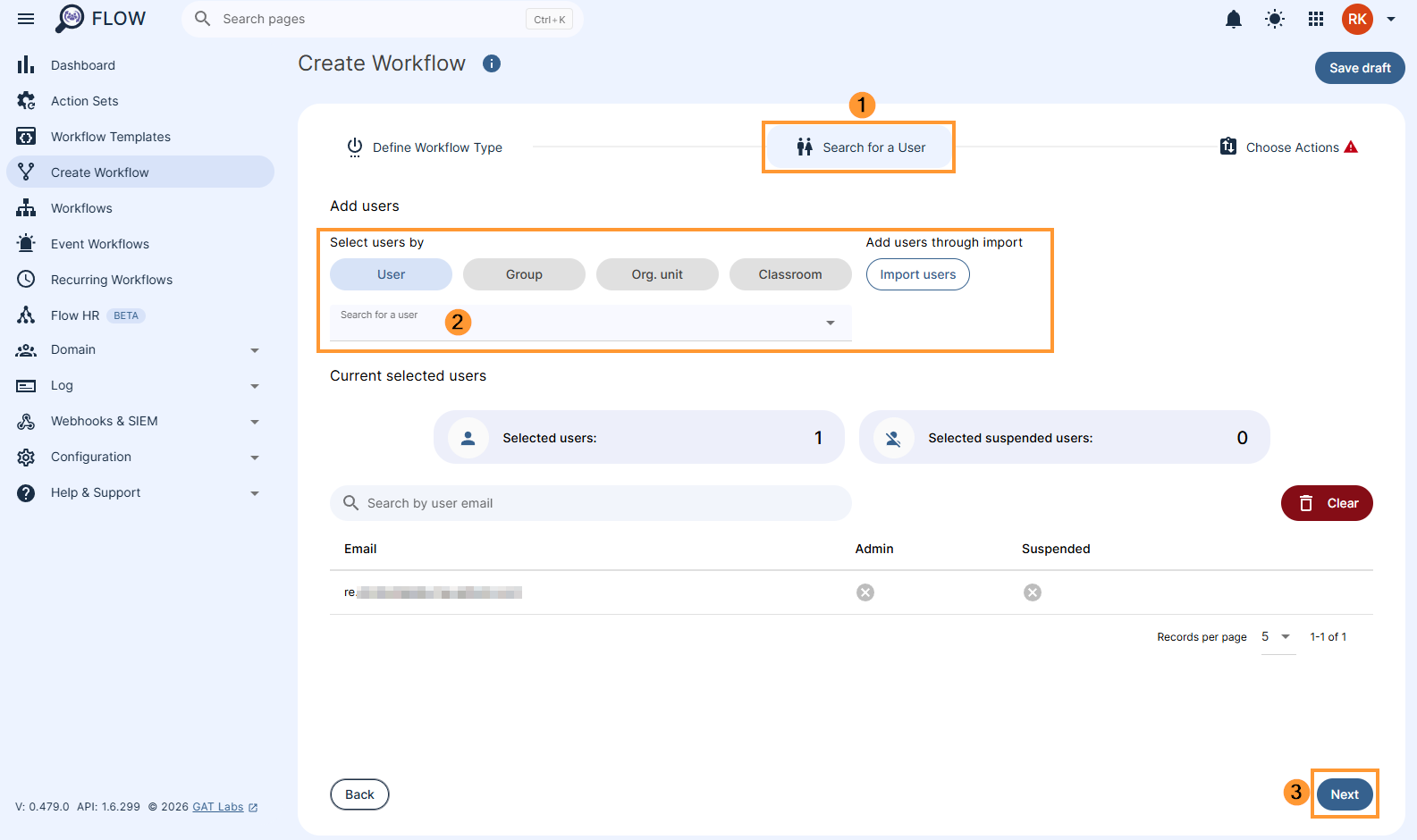 Selecting users to run on a workflow in GAT Flow