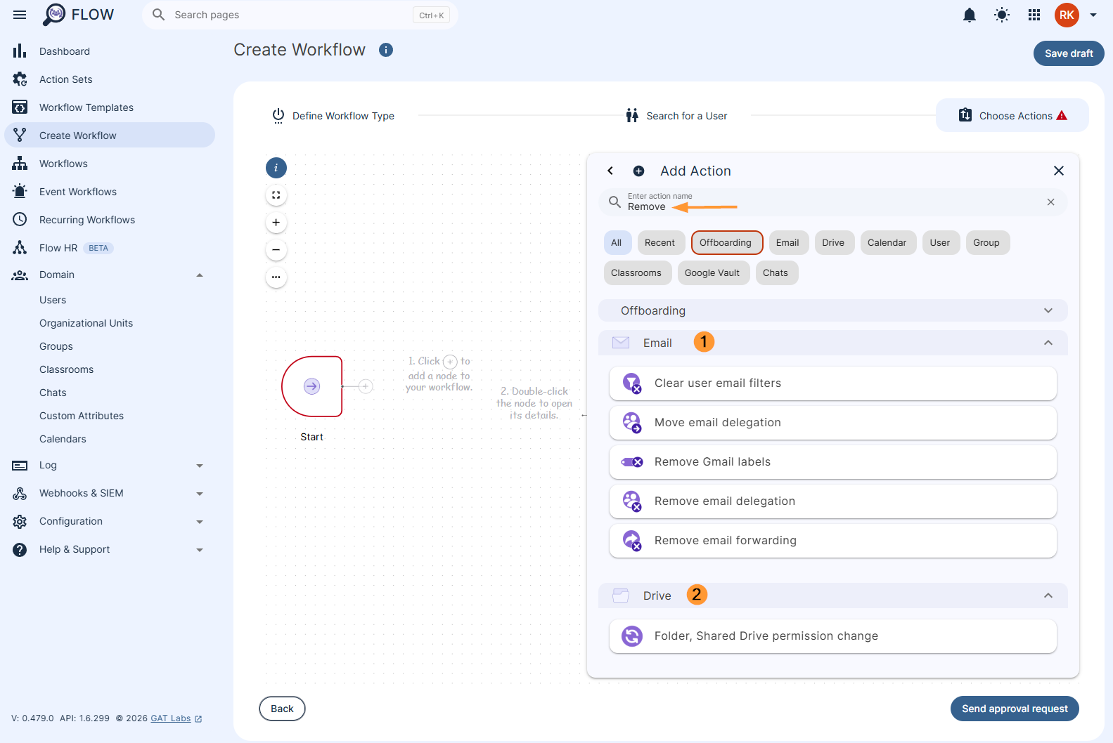 Actions list in a GAT Flow workflow