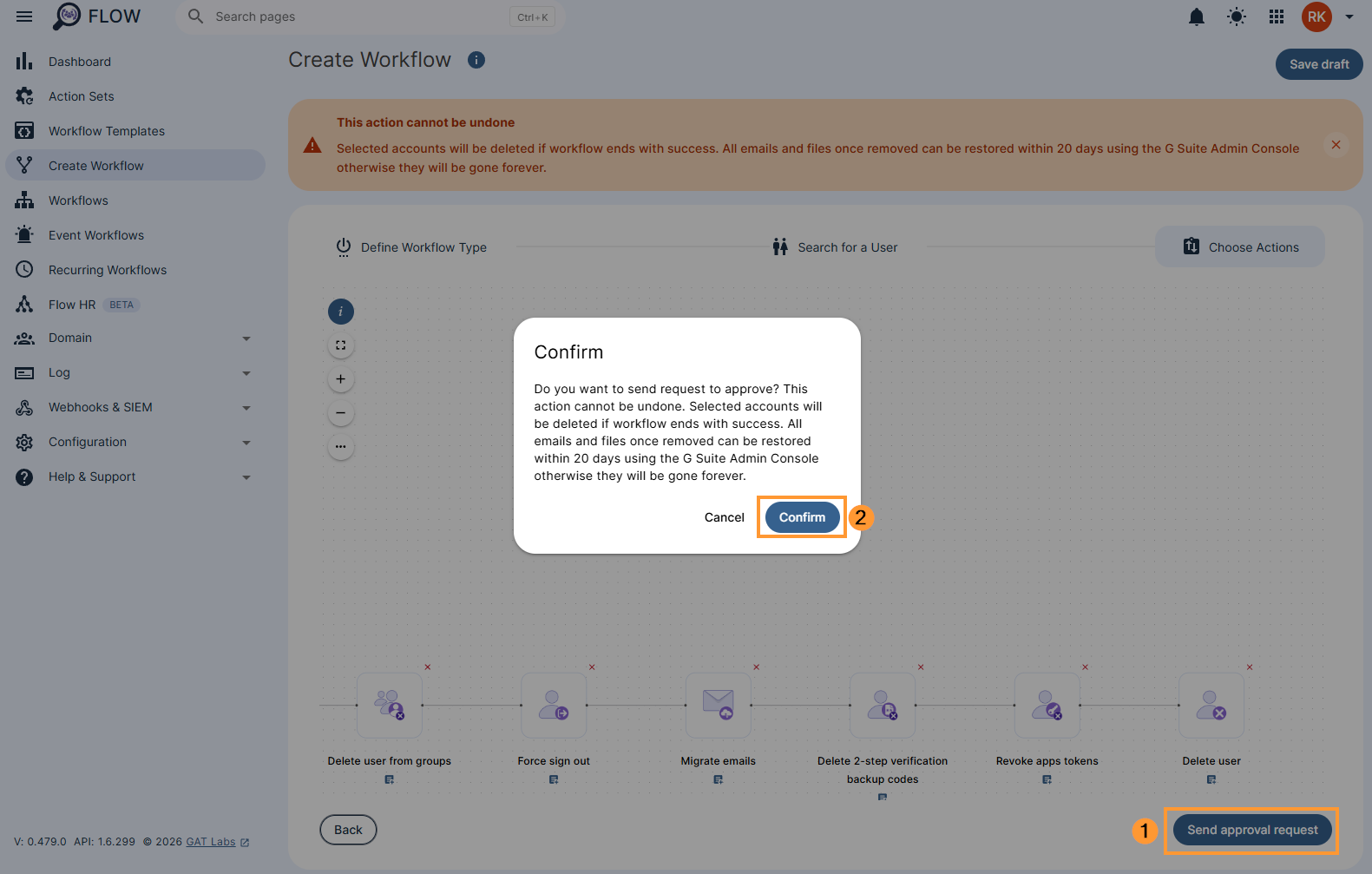 Confirmation pop-up when deleting a user in an offboarding workflow in GAT Flow