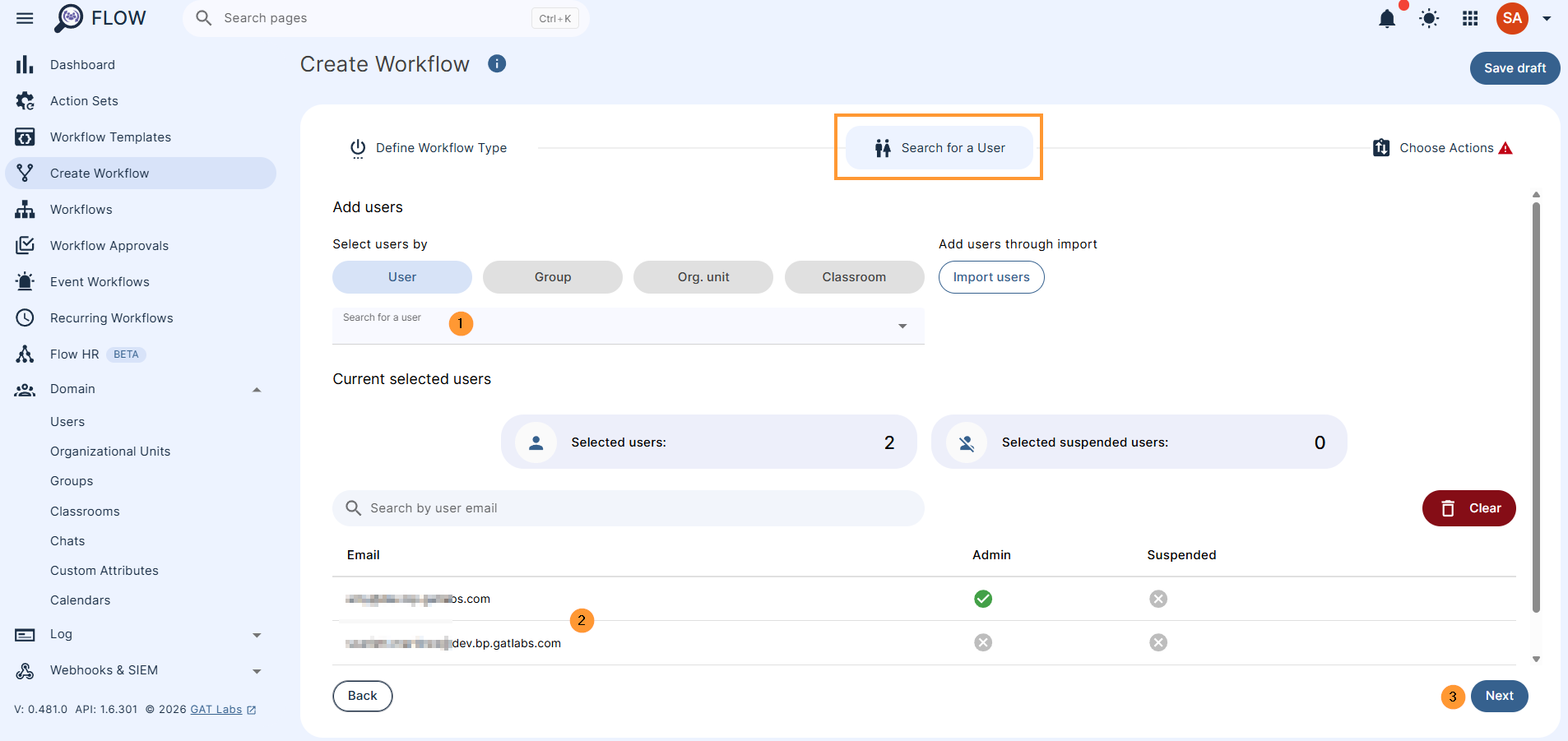 In Search for a user

Enter the users needed by adding
User
Group of users
Org. Unit of users
Click on the Proceed to actions button