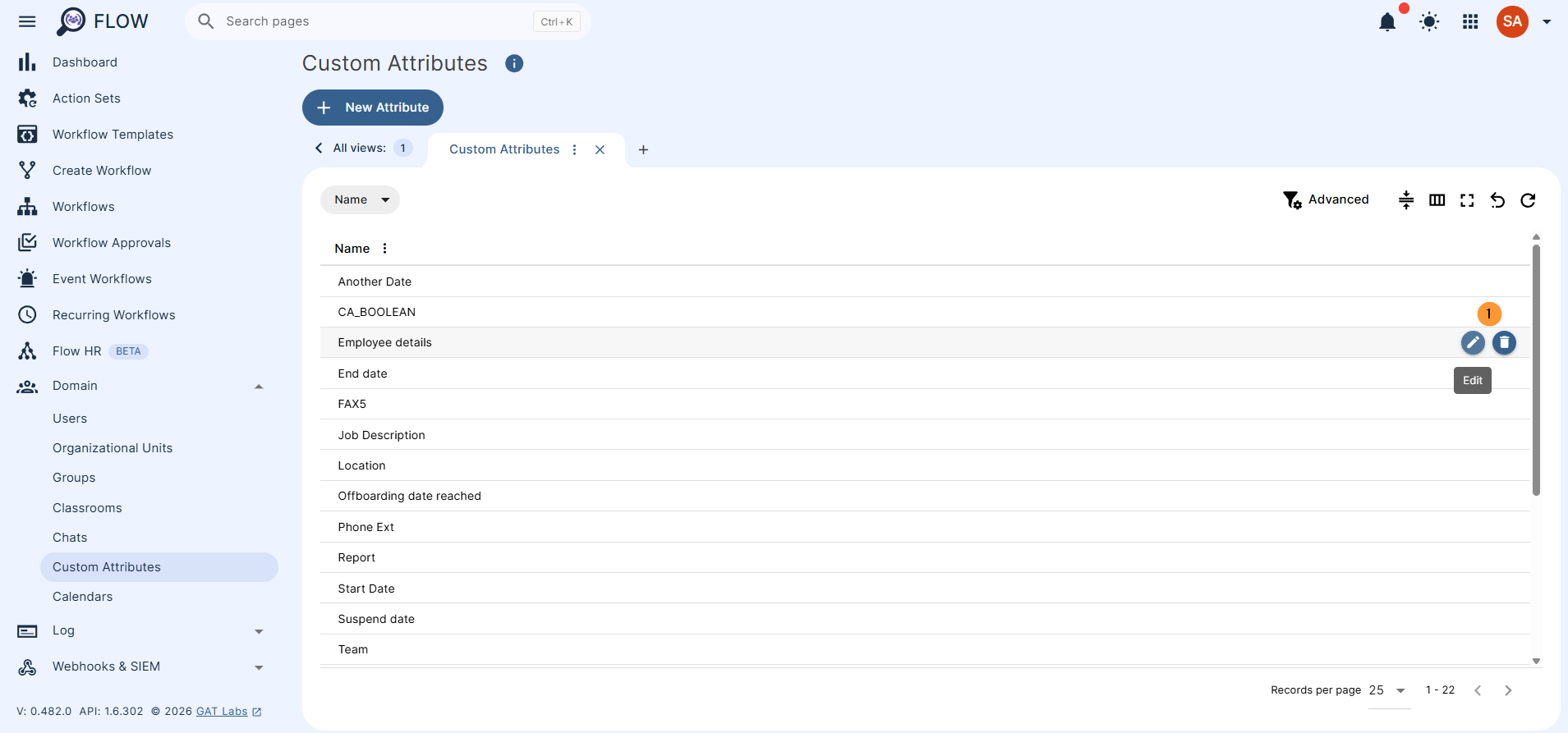 The Admin can edit and delete the Custom Attributes from the two buttons on the right side.