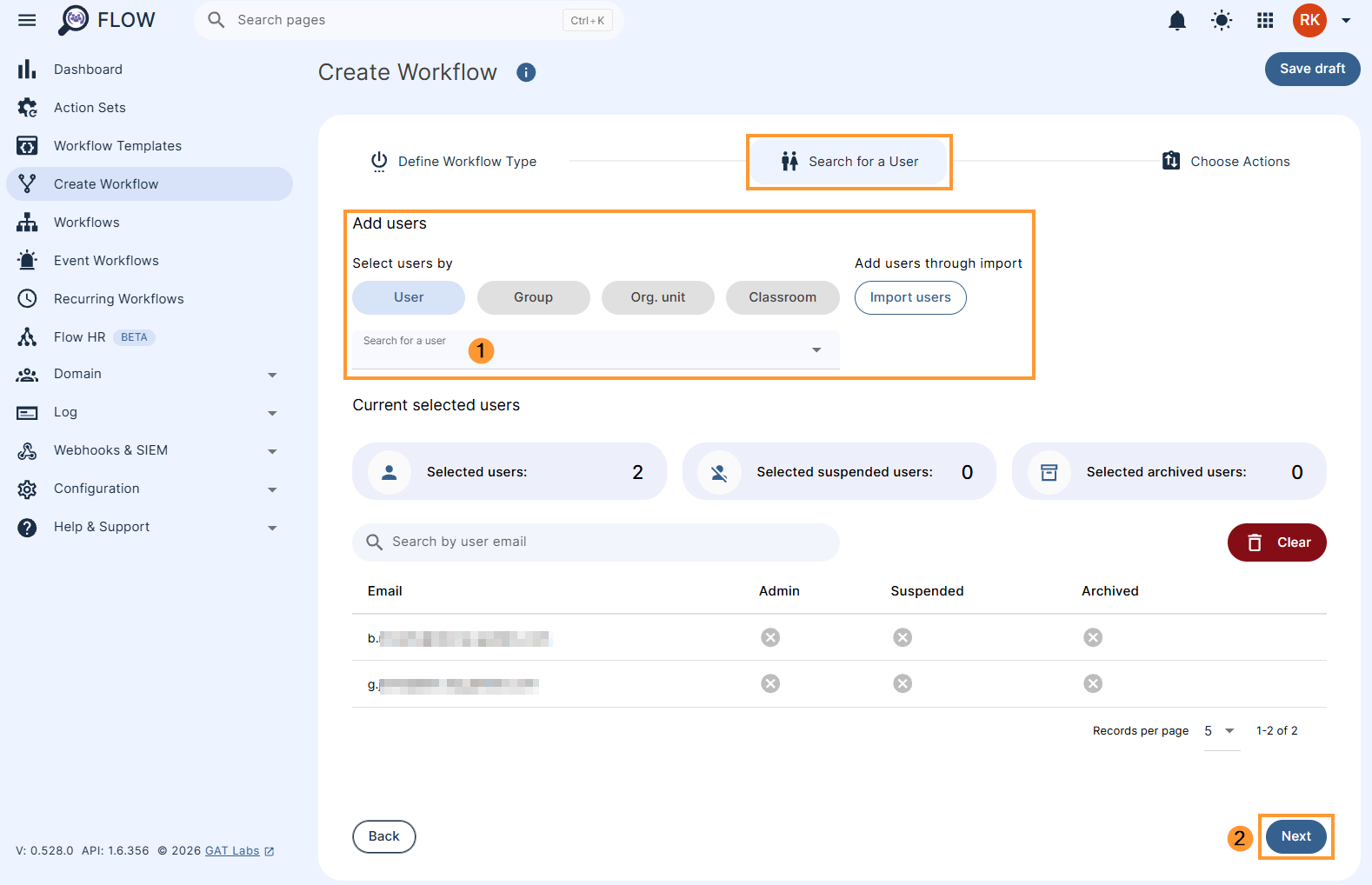 Search for a user section of workflow