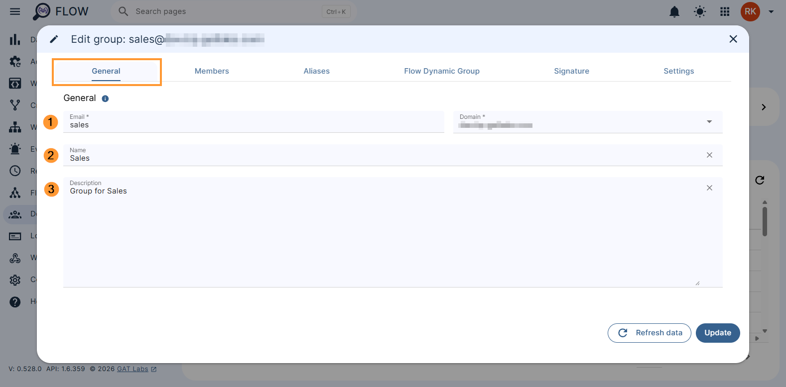 General editing tab for groups in Flow