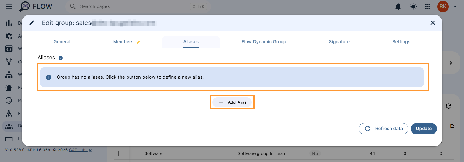 Aliases tab of group editing in Flow
