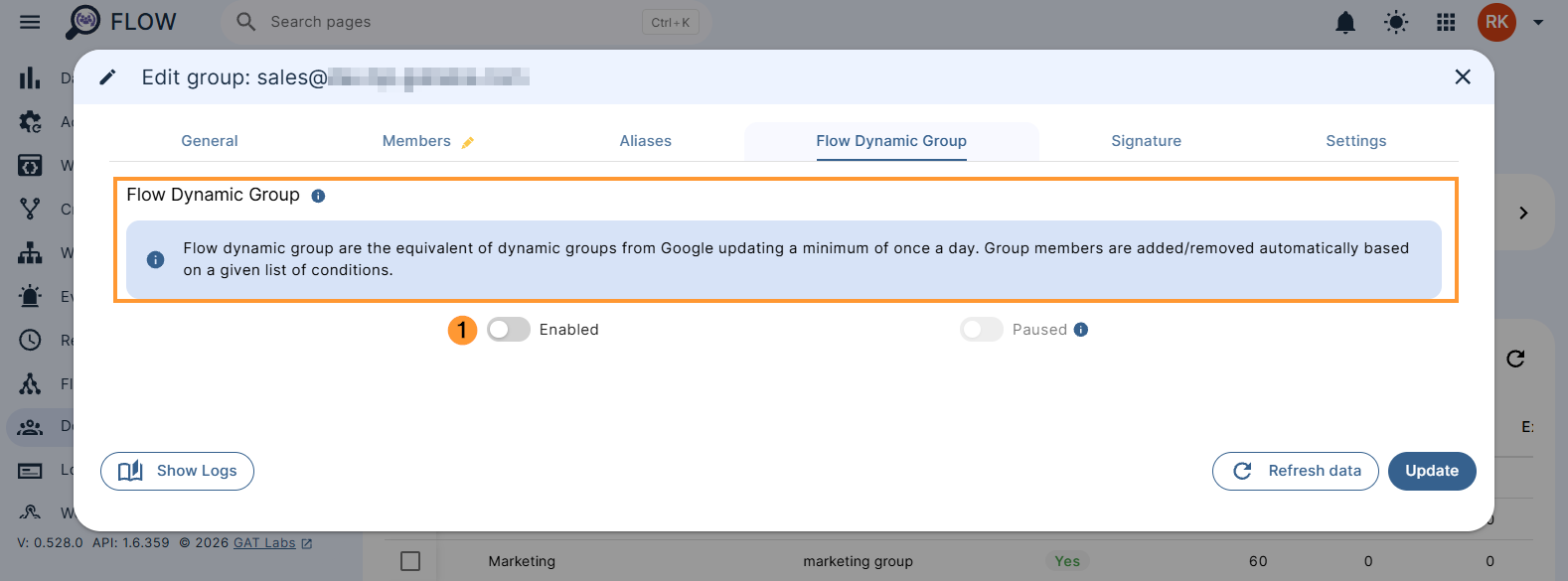 Flow Dynamic group tab of group editing in Flow