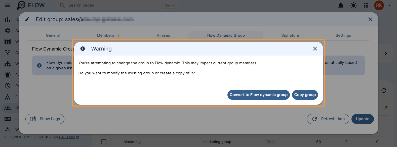 Warning pop-up when enabling Flow Dynamic Group in Flow